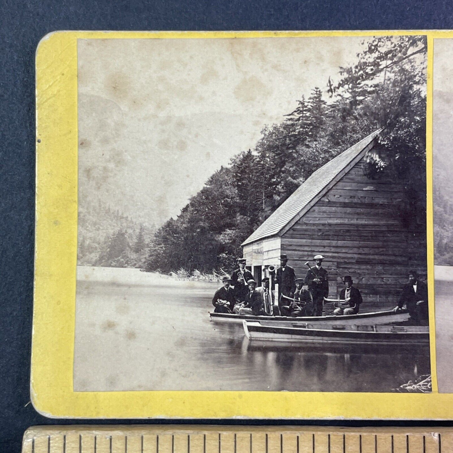 Concert Band on Echo Lake Franconia Notch Stereoview New Hampshire c1870s Y941