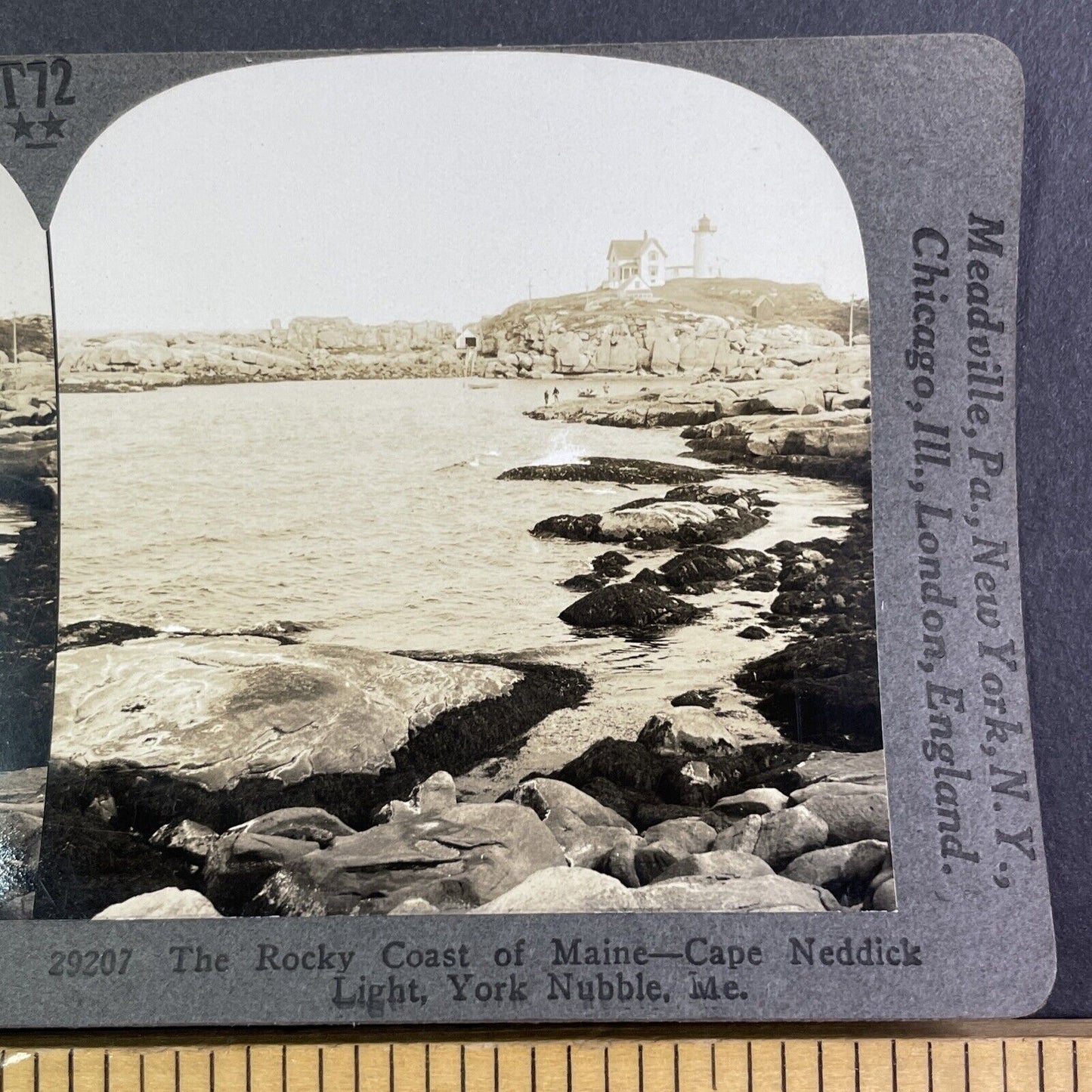 Cape Neddick Lighthouse York Nubble Maine Stereoview Antique c1910s Y1160