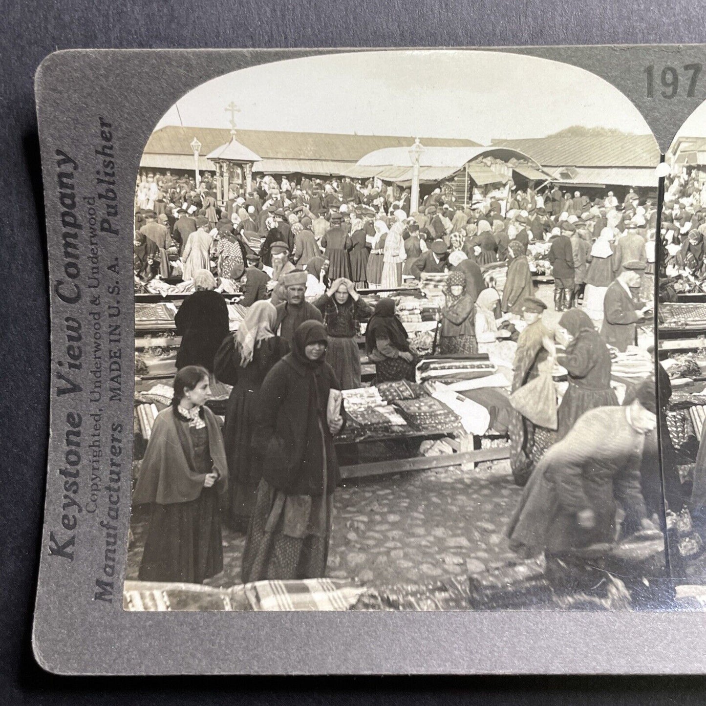 Antique 1910s Clothing Market Novgorod Russia Stereoview Photo Card P1676