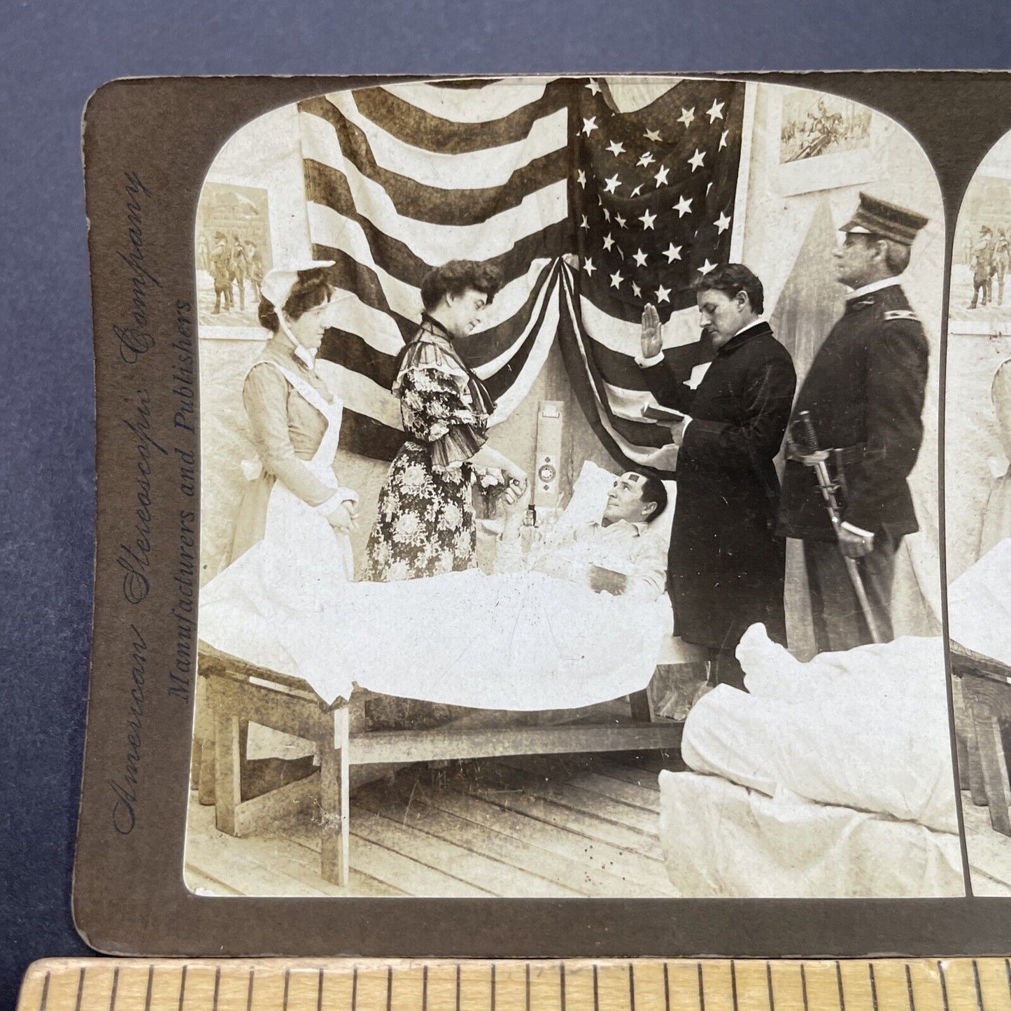 Antique 1906 Mortally Wounded US Soldier Married Stereoview Photo Card P3111