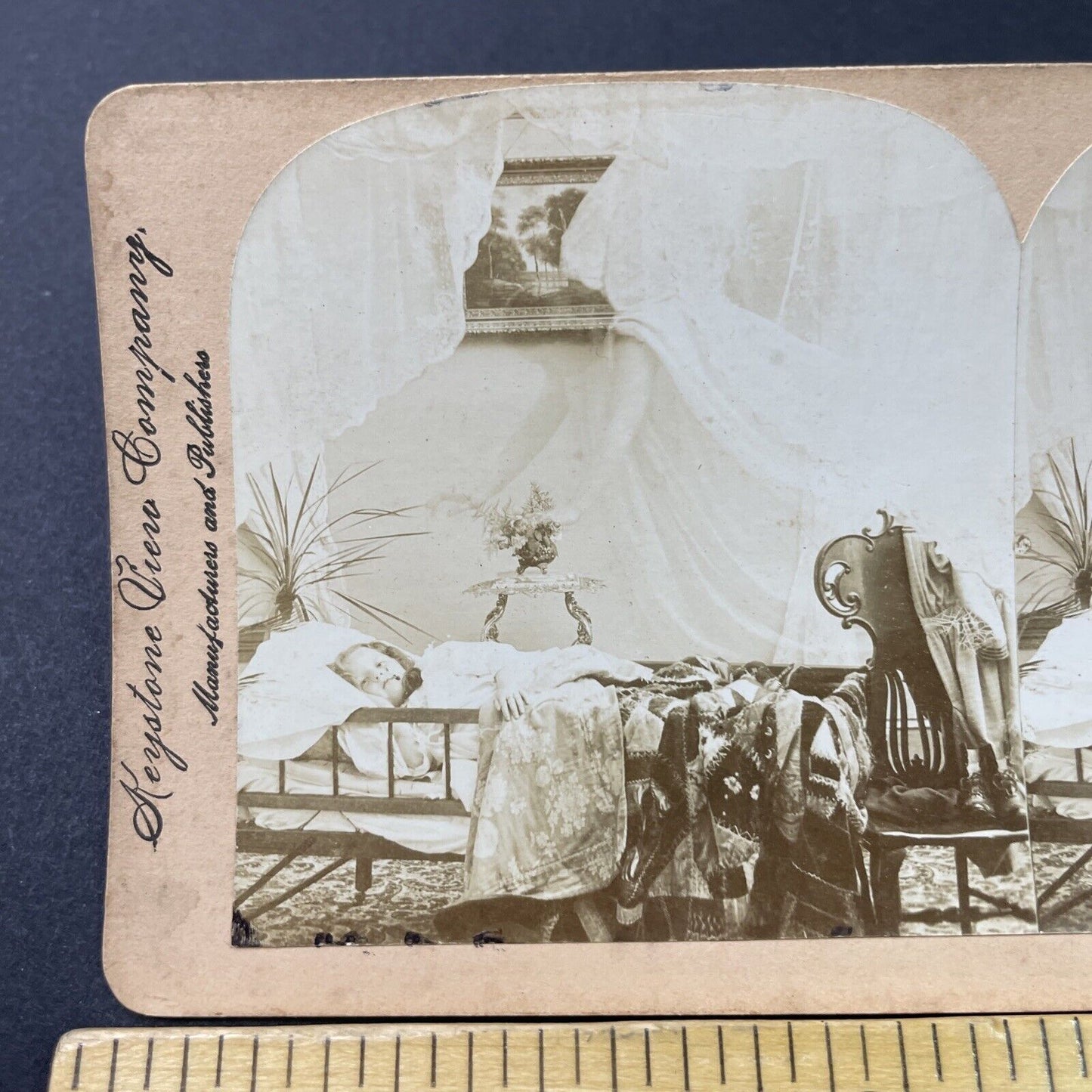 Antique 1898 Angel Floats Over Sick Child Stereoview Photo Card P2858