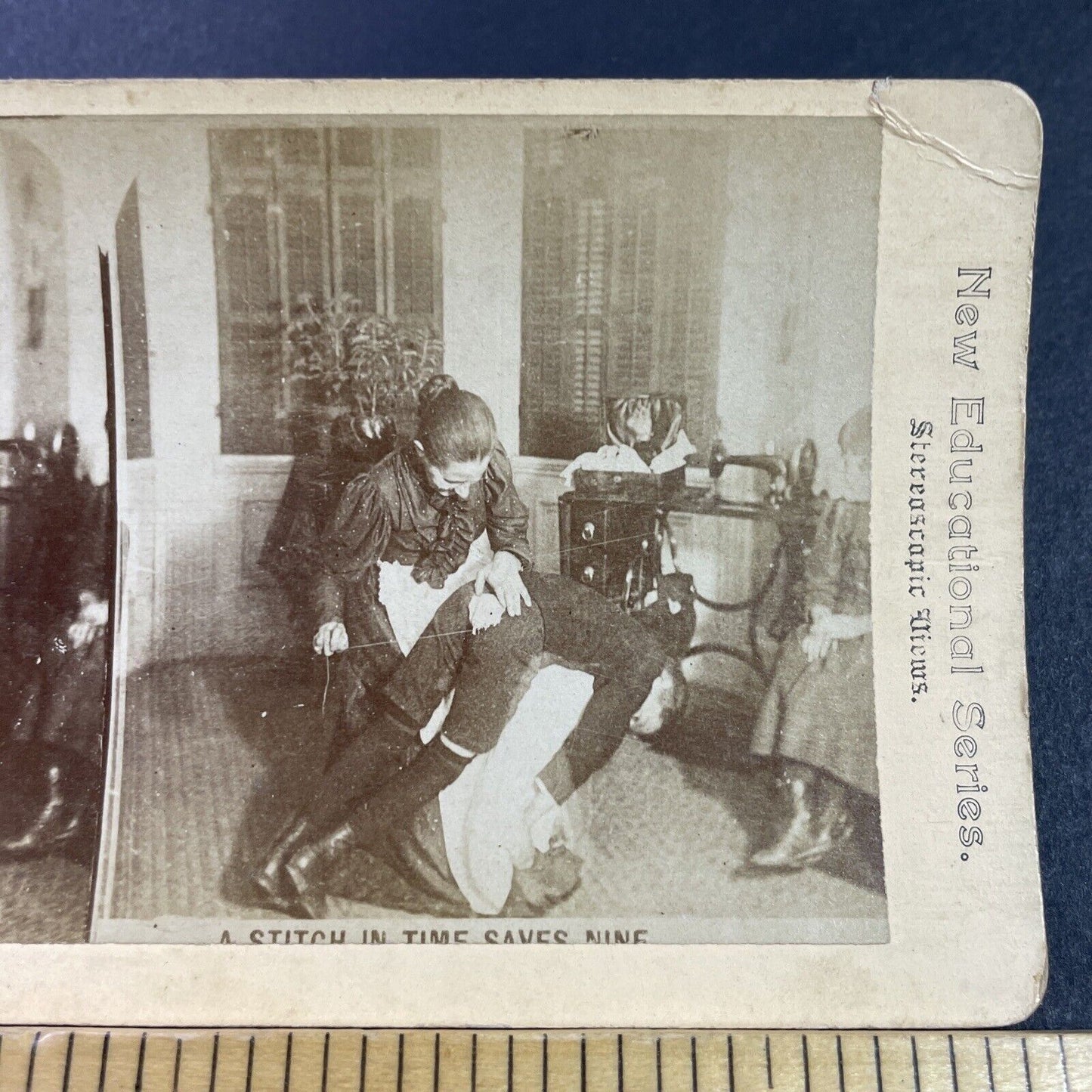 Antique 1880s Mother Stitches A Childs Pants Stereoview Photo Card P3461