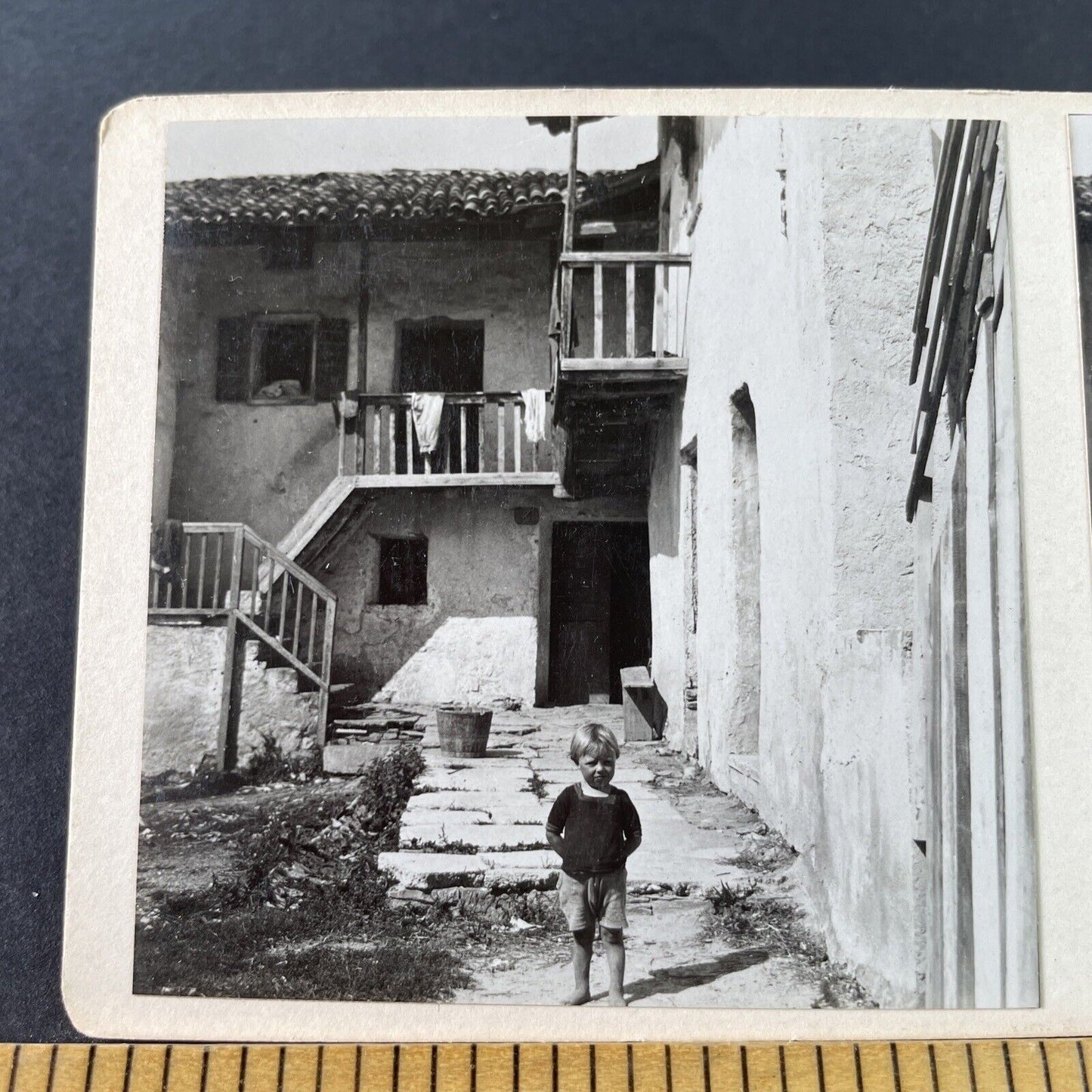 Antique 1925 Italian Boy In Poverty Italy OOAK Stereoview Photo Card P3240