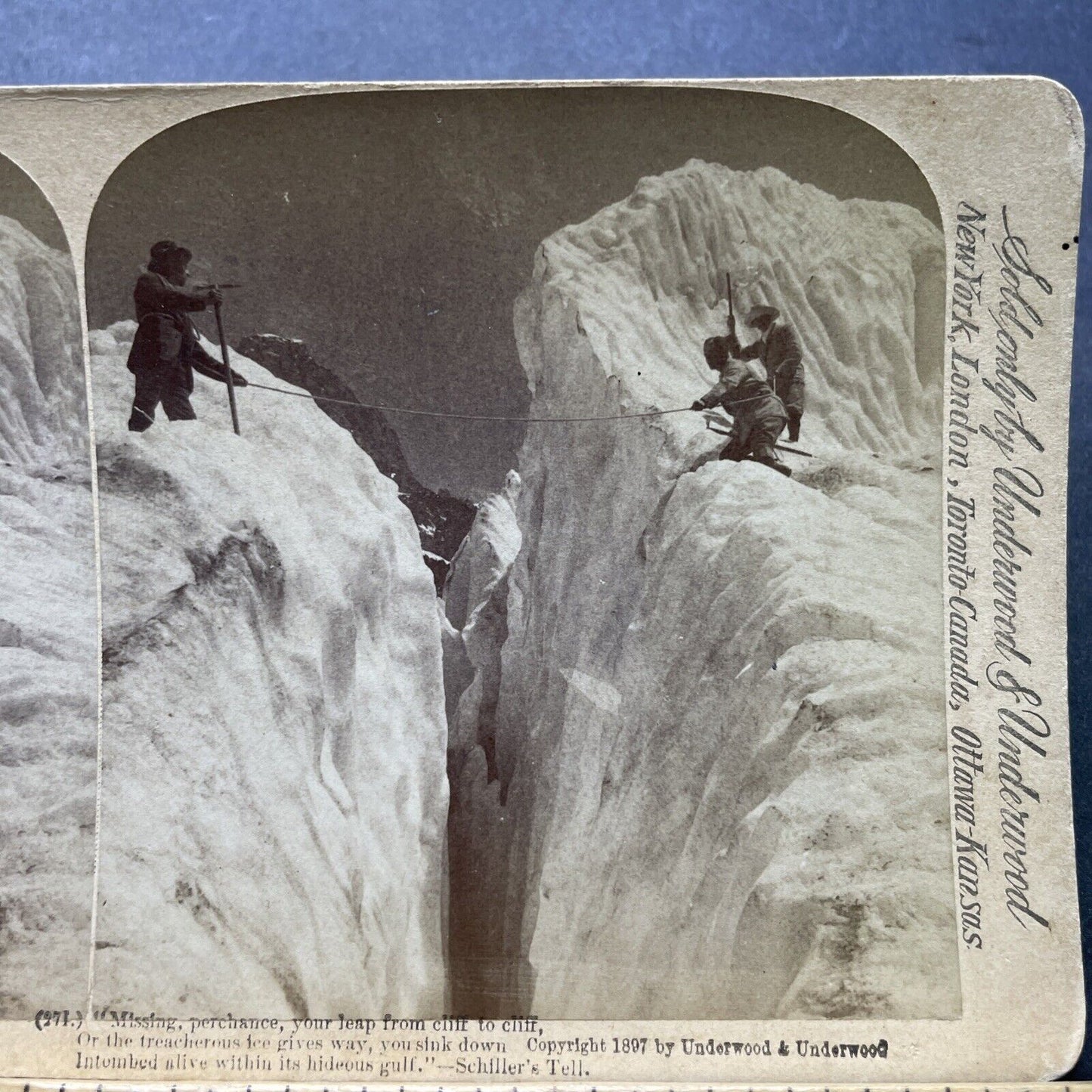 Antique 1897 Jumping Across Glacier Cavern Stereoview Photo Card P2398