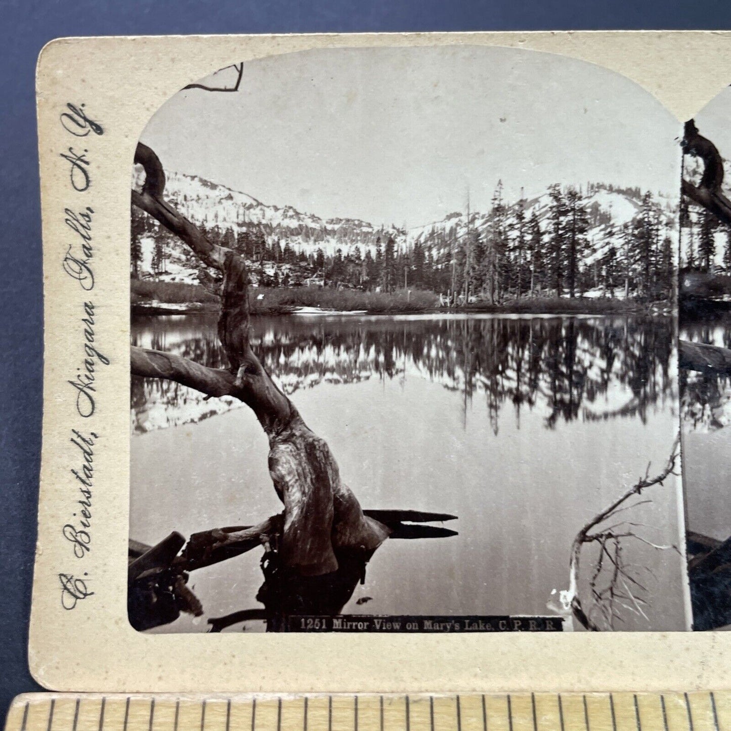 Antique 1880s Charles Bierstadt Mirror Mary's Lake Stereoview Photo Card P3810