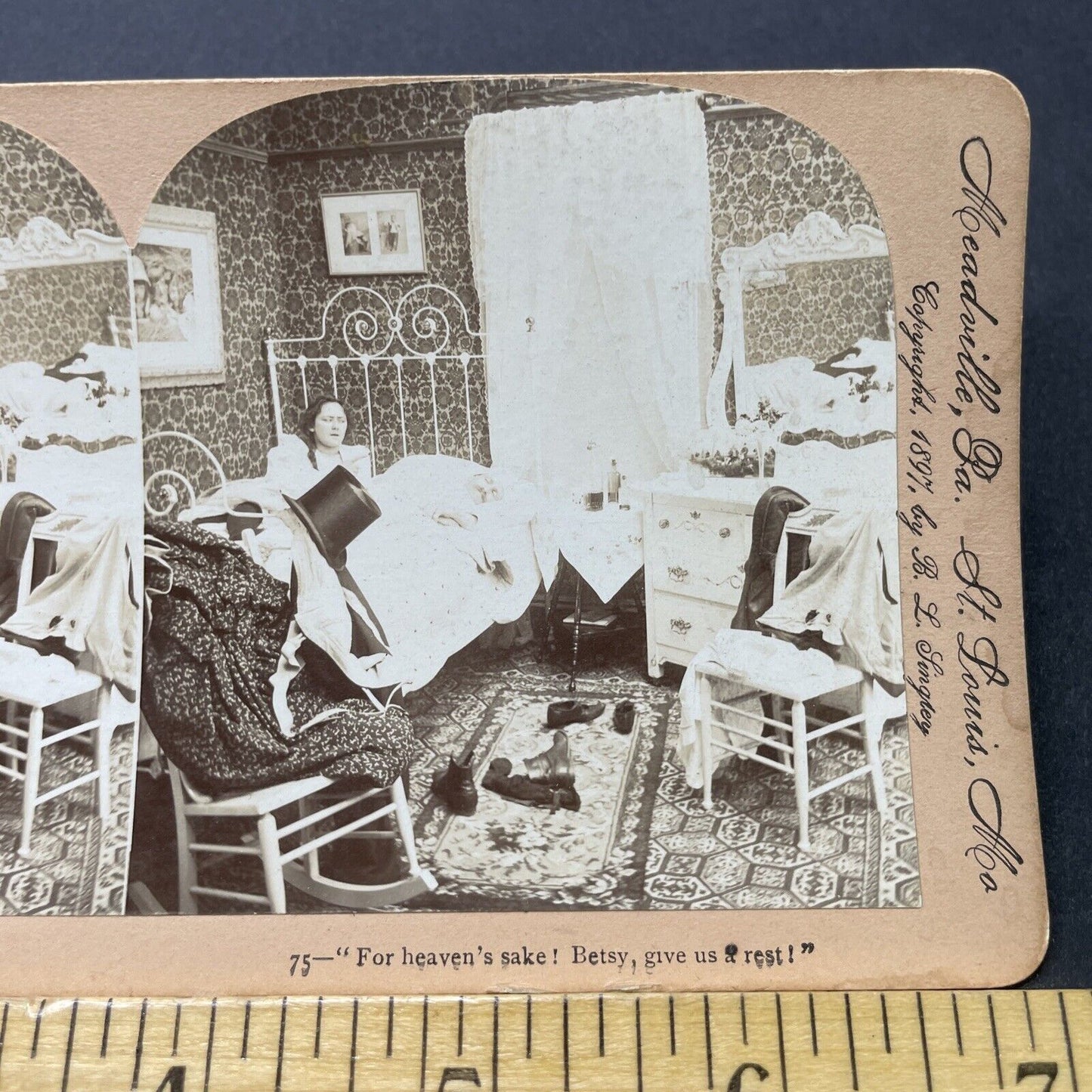 Antique 1897 Woman Scolds Drunk Husband In Bed Stereoview Photo Card P2720