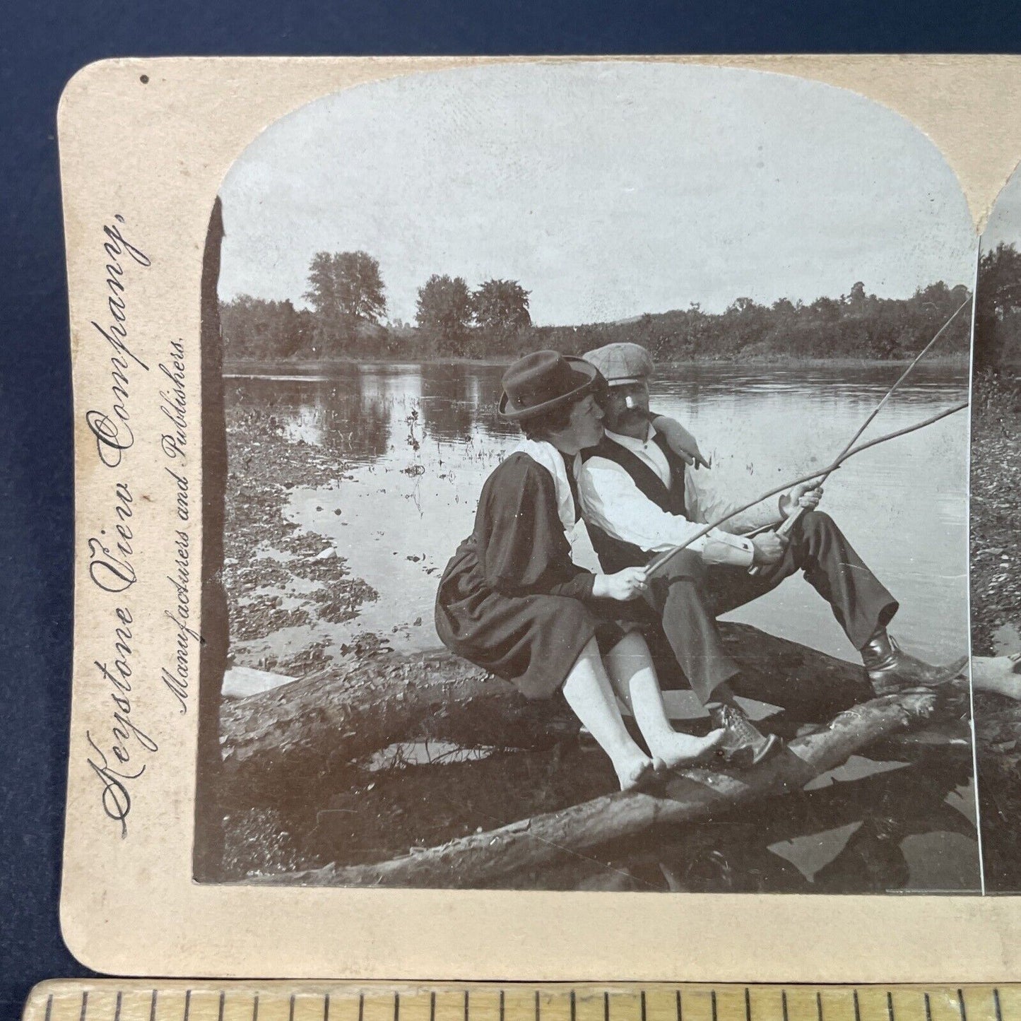 Antique 1897 Man Woman Fishing With Sticks Branches Stereoview Photo Card P3335