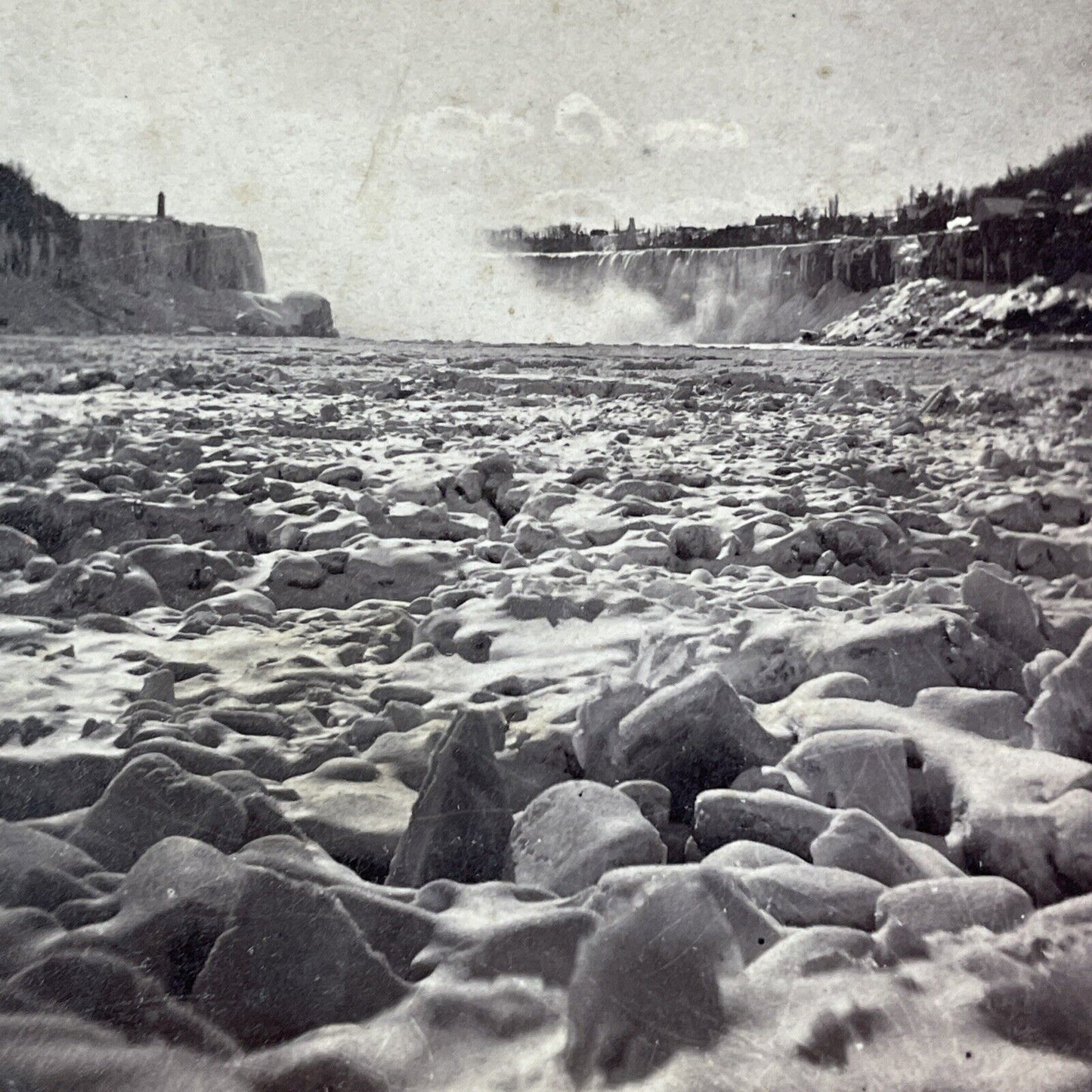 Frozen Niagara Falls River Land Bridge Stereoview Charles Bierstadt c1870s Y2224