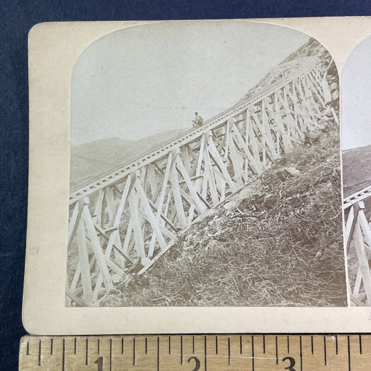 Worker Sliding Down A Railroad Bridge Stereoview Photo Card Antique c1870 X1005