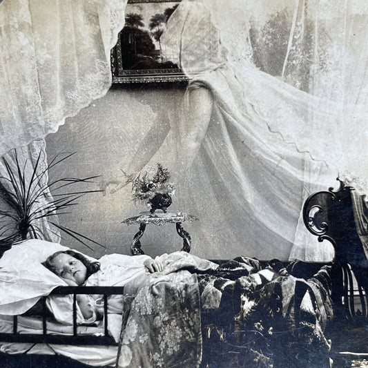 Antique 1898 Child Being Watched Over By An Angel Stereoview Photo Card P1981