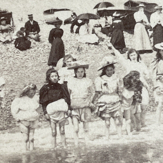 Antique 1896 People On Victorian Swimming Beach UK Stereoview Photo Card P4593