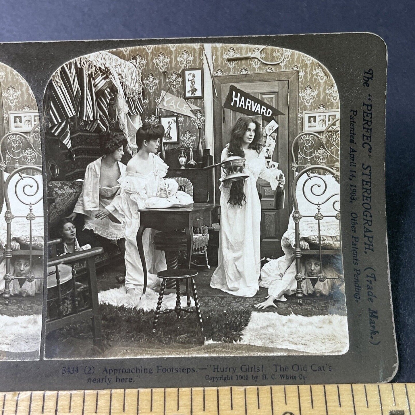 Antique 1902 College Girls Hide From House Madame Stereoview Photo Card P2994