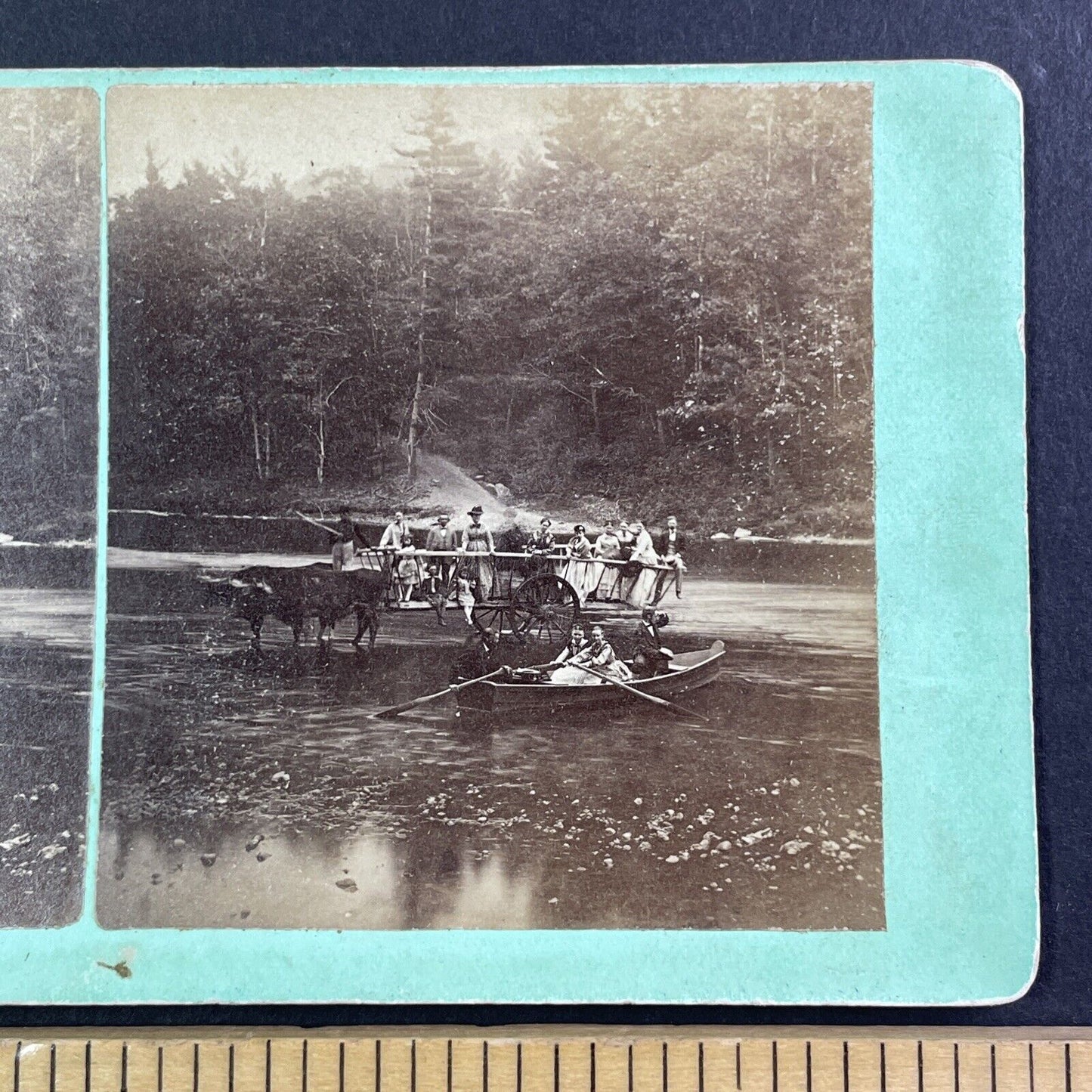 Ox Driven Ferry Campton New Hampshire Stereoview E.J. Young c1870s Y884