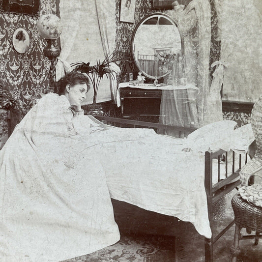 Antique 1899 Woman Grieves Dead Baby Child DAMAGED Stereoview Photo Card P2594