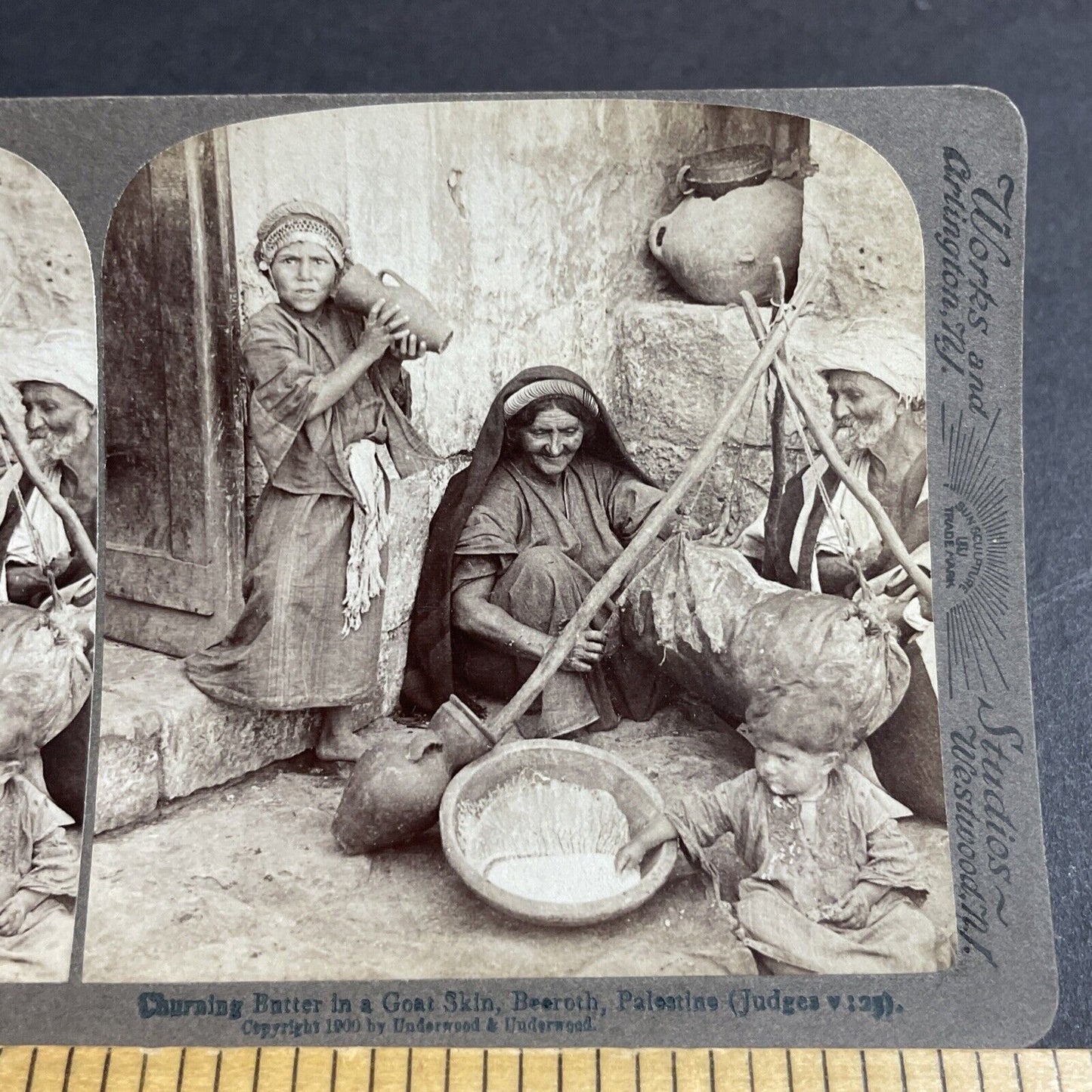 Antique 1901 Old Couple Makes Butter In Israel Stereoview Photo Card P4406