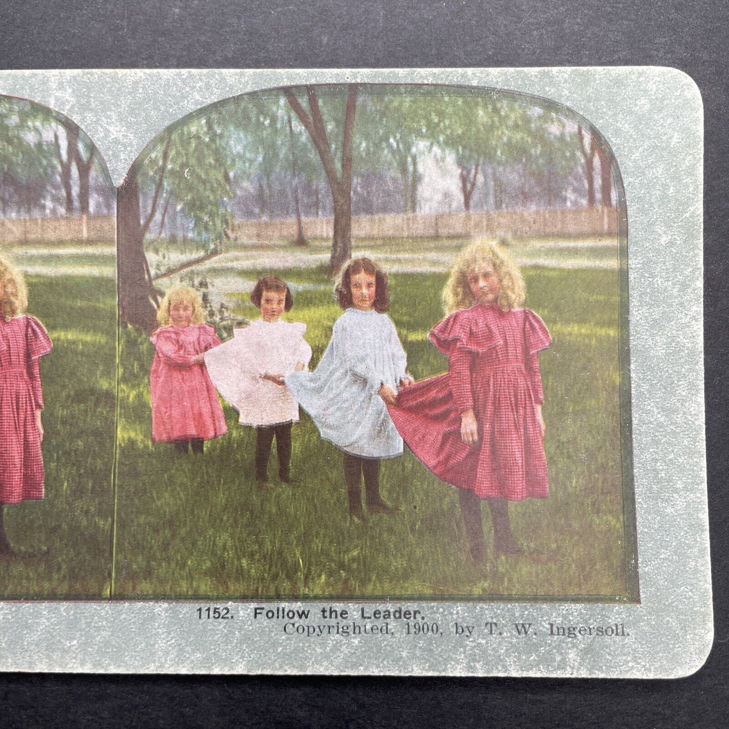 Antique 1900 Young Girls Playing In The Grass Stereoview Photo Card P580-050