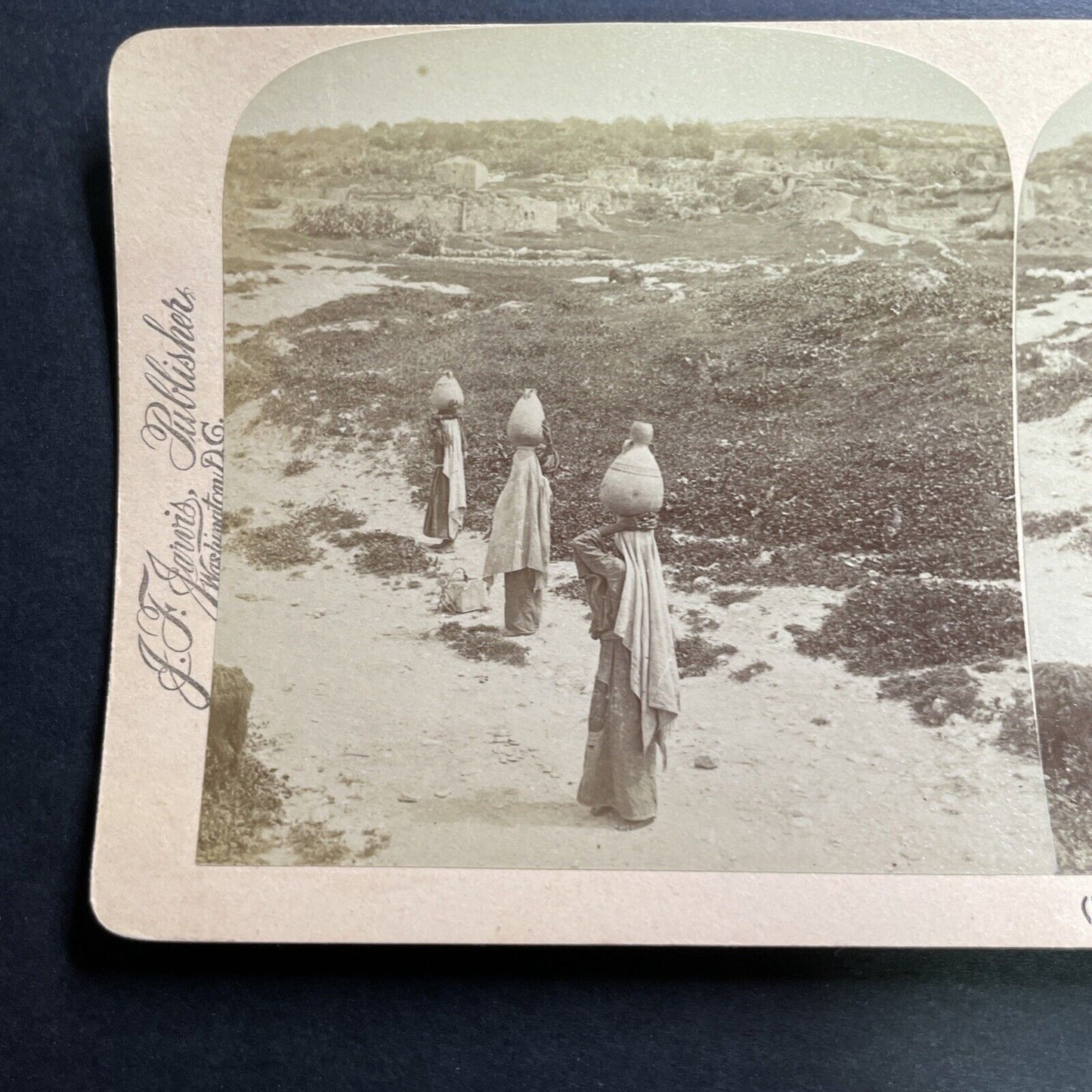 Antique 1900 Women Carry Water Jugas Imwas Palestine Stereoview Photo Card P1388