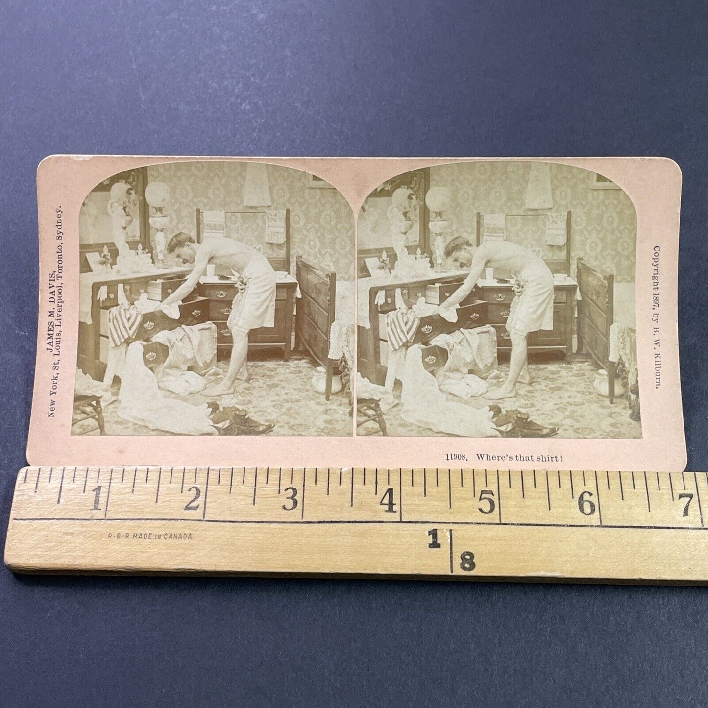 Antique 1897 Man Destroys Room Looking For Shirt Stereoview Photo Card P3957