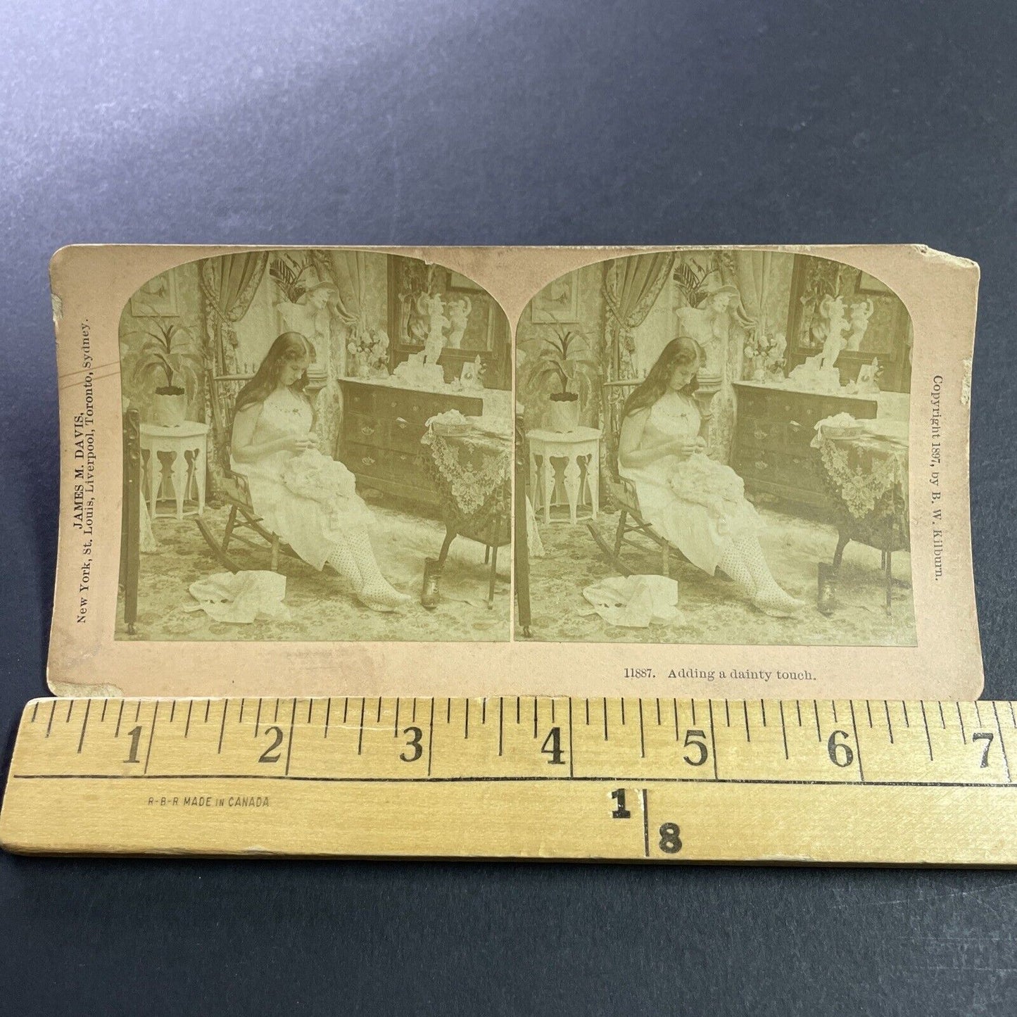 Antique 1897 Woman Sews Her Undergarments Slip Stereoview Photo Card P4056