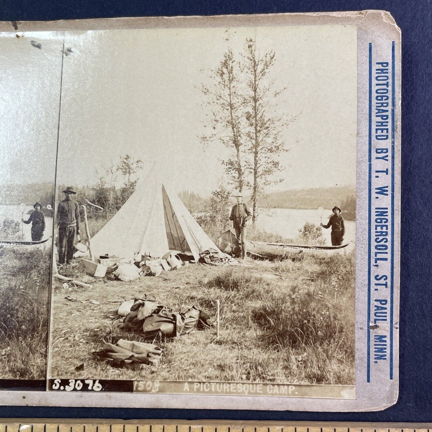 Two Native American Indian Trappers with T.W. Ingersoll Stereoview c1888 Y1331