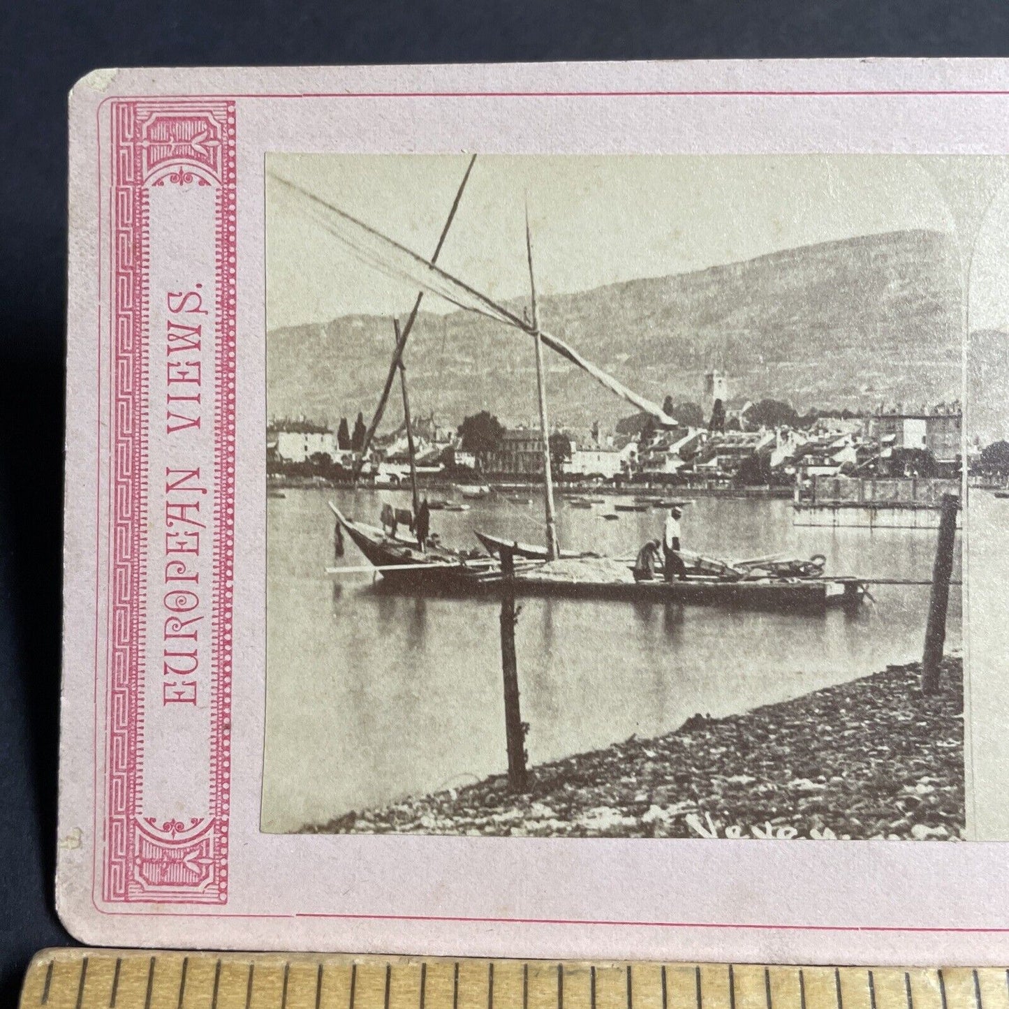 Antique 1870s Aix-les-Bains Port Boats France Stereoview Photo Card P4229