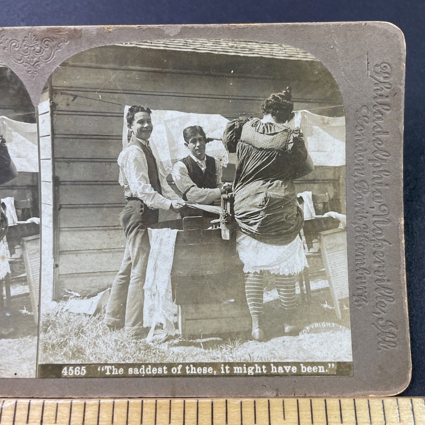 Antique 1901 Womans Dress Caught In Washing Machine Stereoview Photo Card P2932