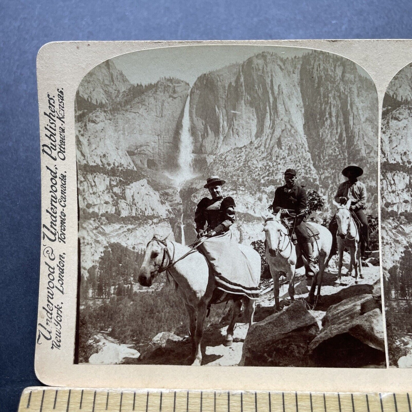 Antique 1899 Yosemite Falls And Horse Travellers CA Stereoview Photo Card P2395