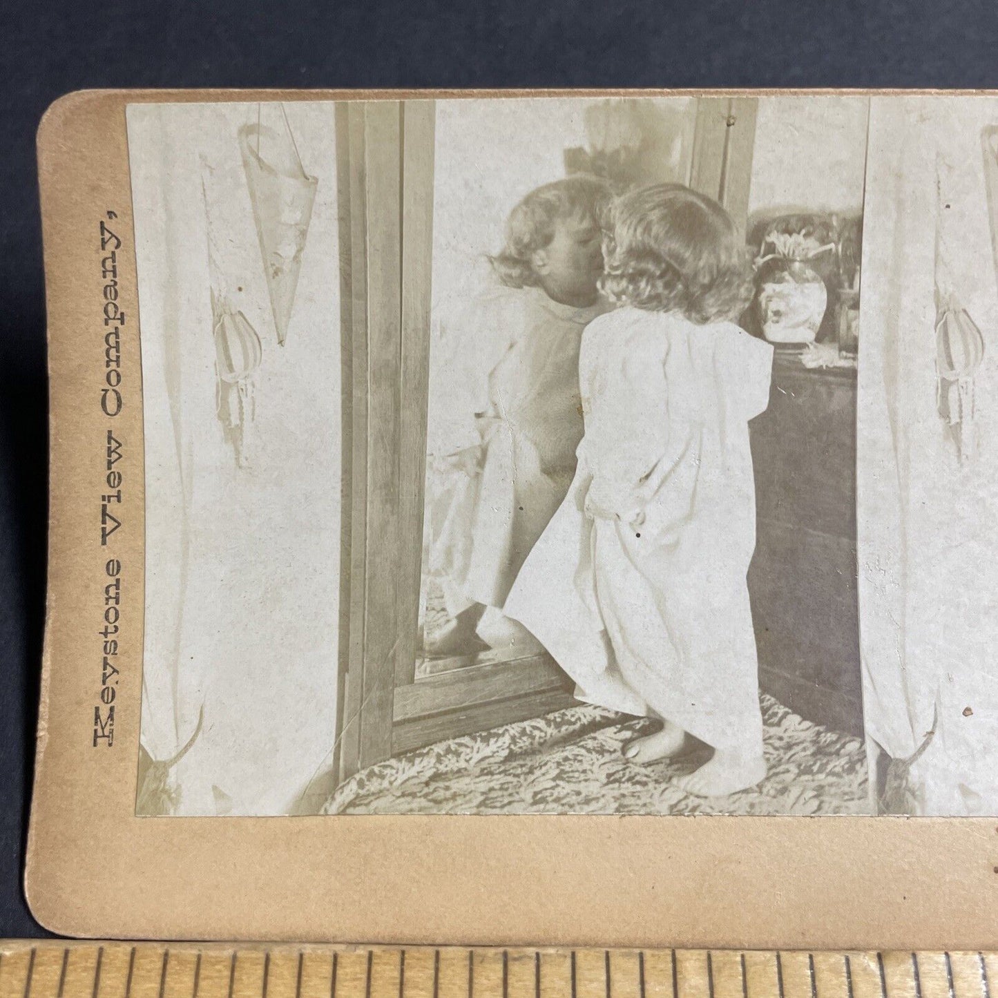 Antique 1880s Child Kisses Herself In The Mirror Stereoview Photo Card P4650