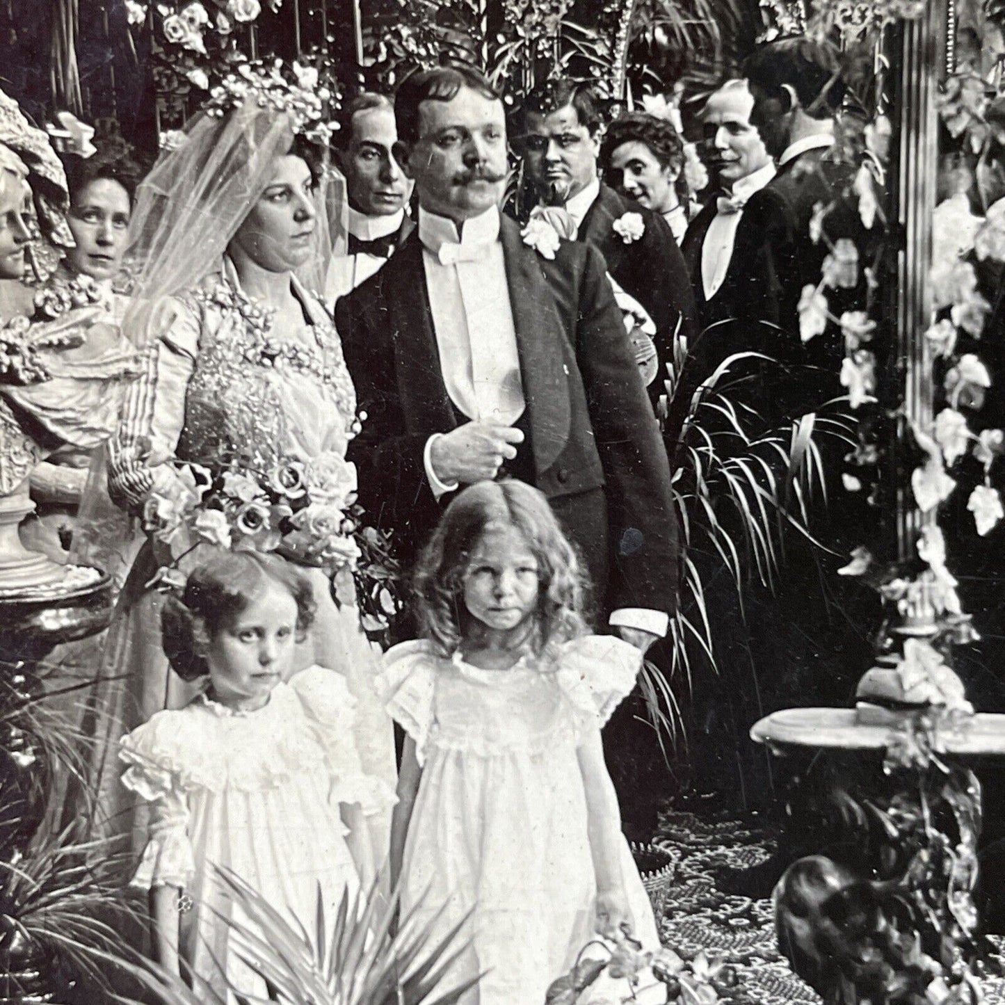 Antique 1901 Bride Groom & Flower Girls Stereoview Photo Card P2848