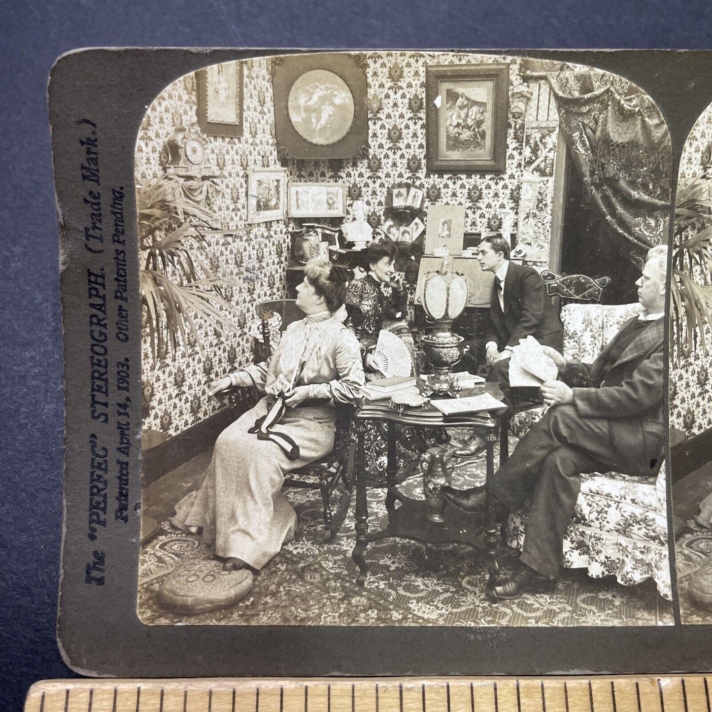 Antique 1902 Victorian Parlor With Clock & Paintings Stereoview Photo Card P3477