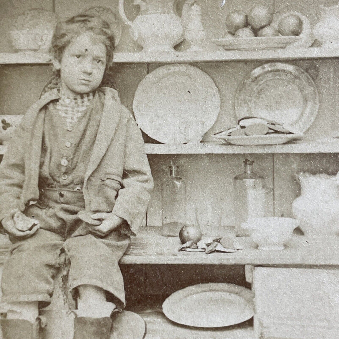 Antique 1870s Boy Caught Stealing A Cookie & Apple Stereoview Photo Card P4695