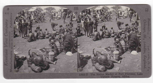 Antique 1898 Farmer's Market, Kisumu, Lake Victoria, Kenya Stereo Card P125