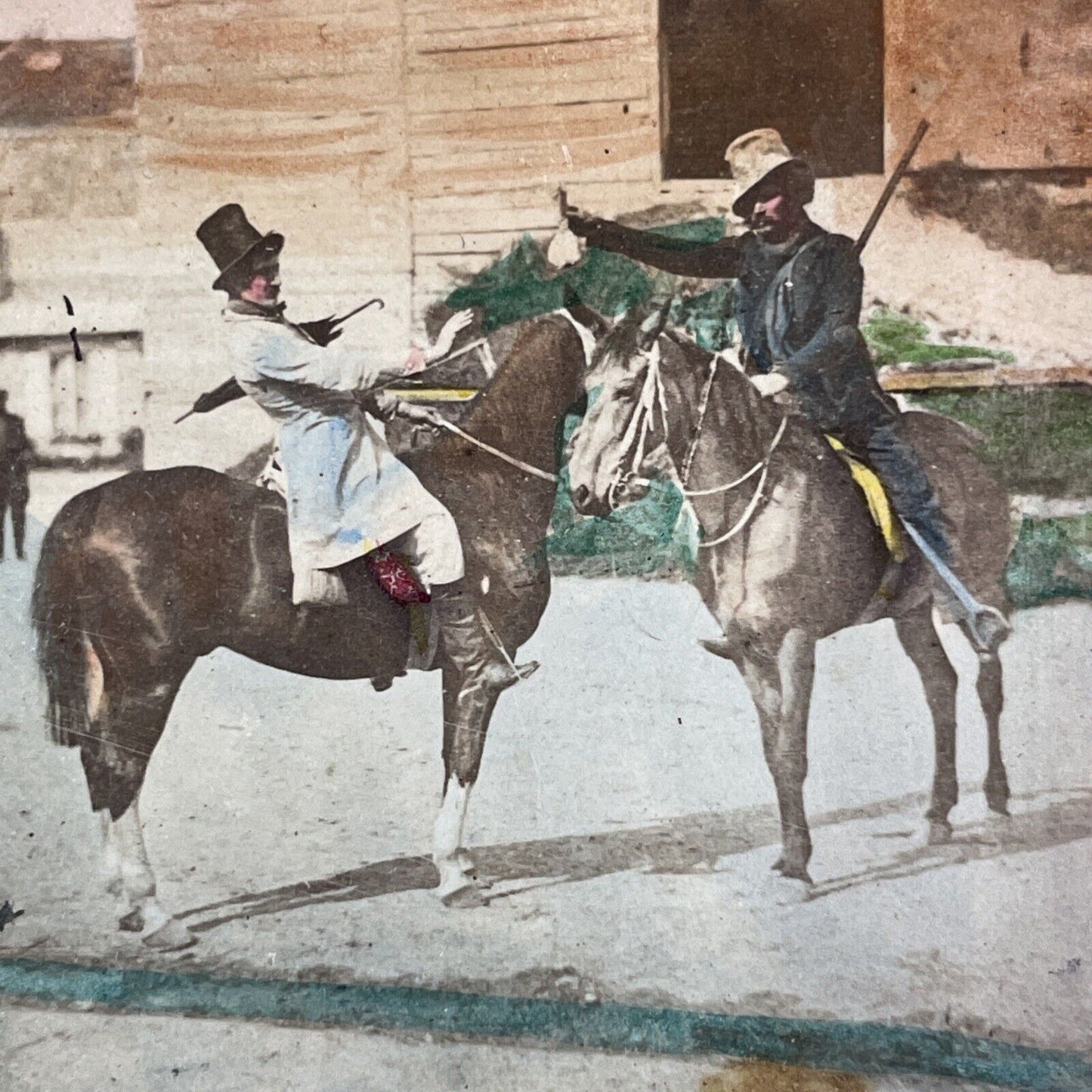 CSA Civil War Mounted Cavalry Stereoview Staged Tax Collector Scene c1860s Y961