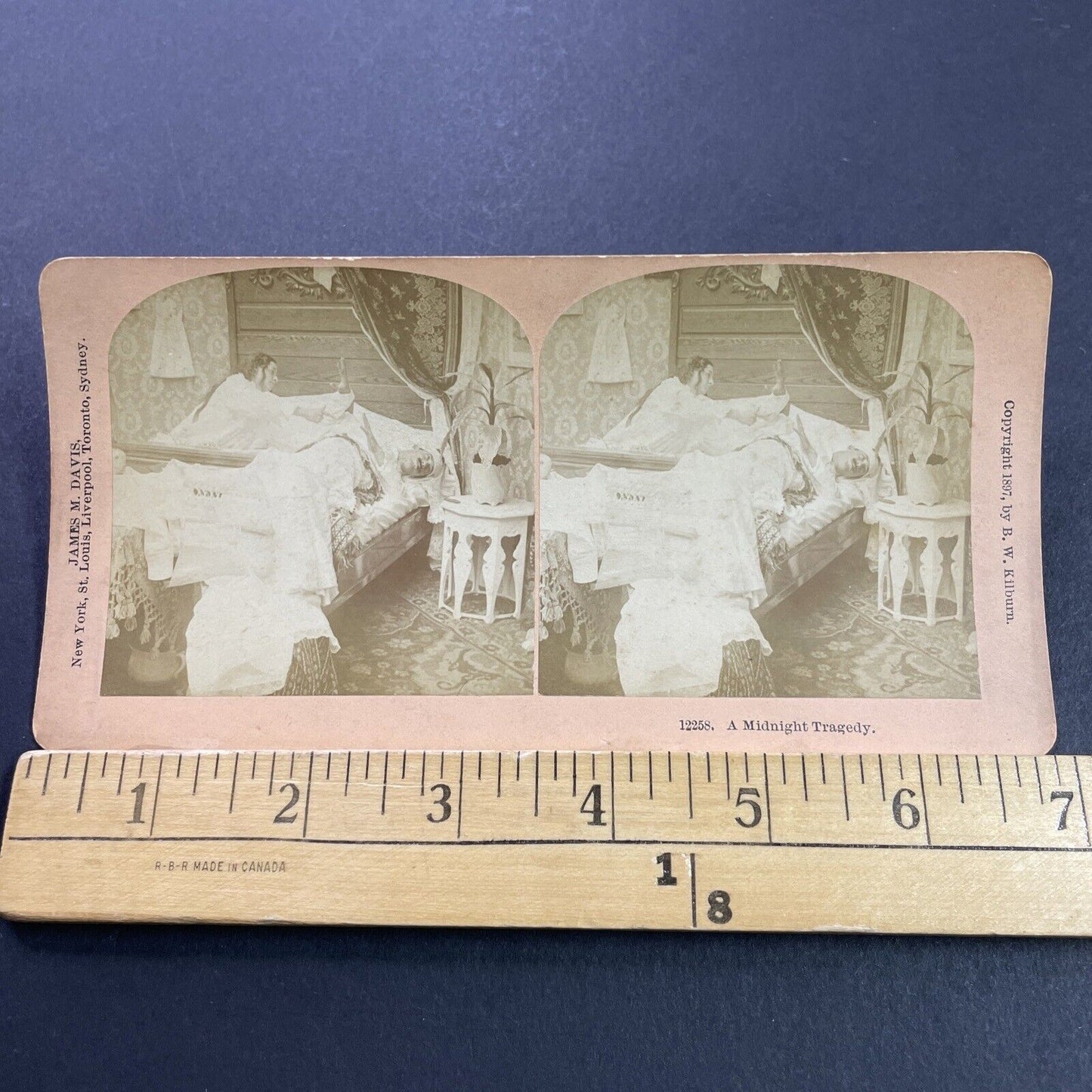 Antique 1897 Woman Yells At Drunk Man In Bed Stereoview Photo Card P4121