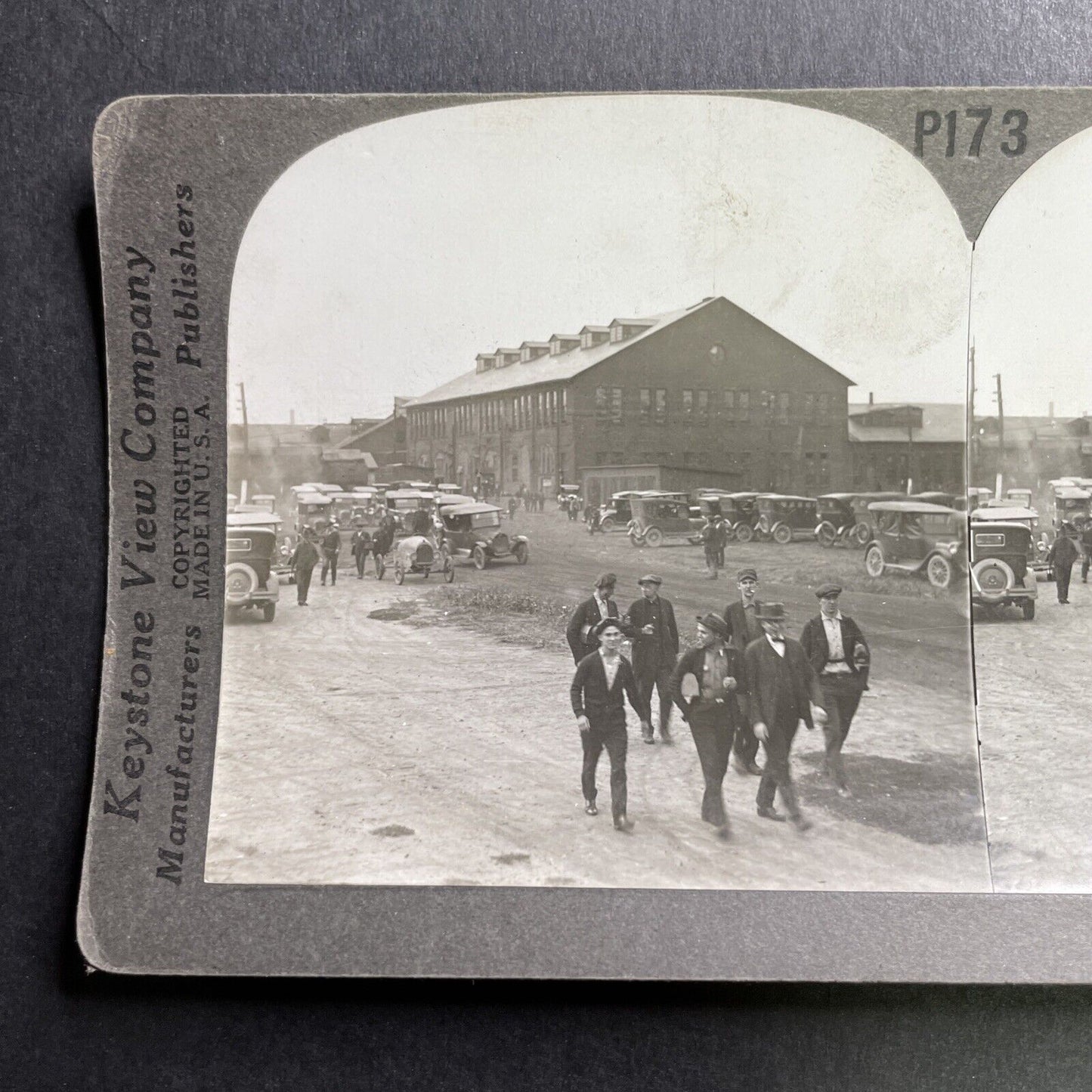 Antique 1920s Automobile Factory Workers Going Home Stereoview Photo Card P1615