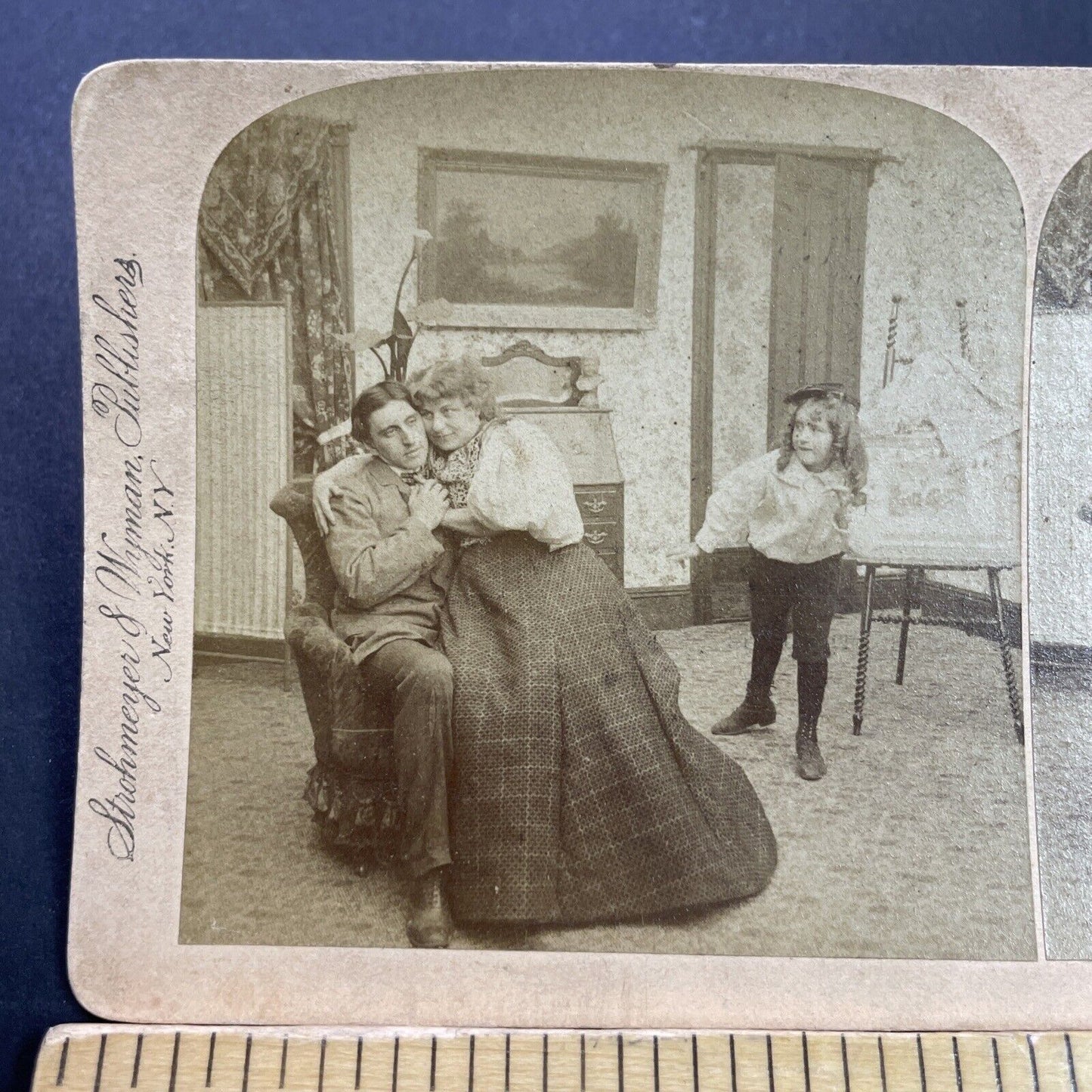 Antique 1897 Girl Catches Older Sister Cuddling Man Stereoview Photo Card P3559