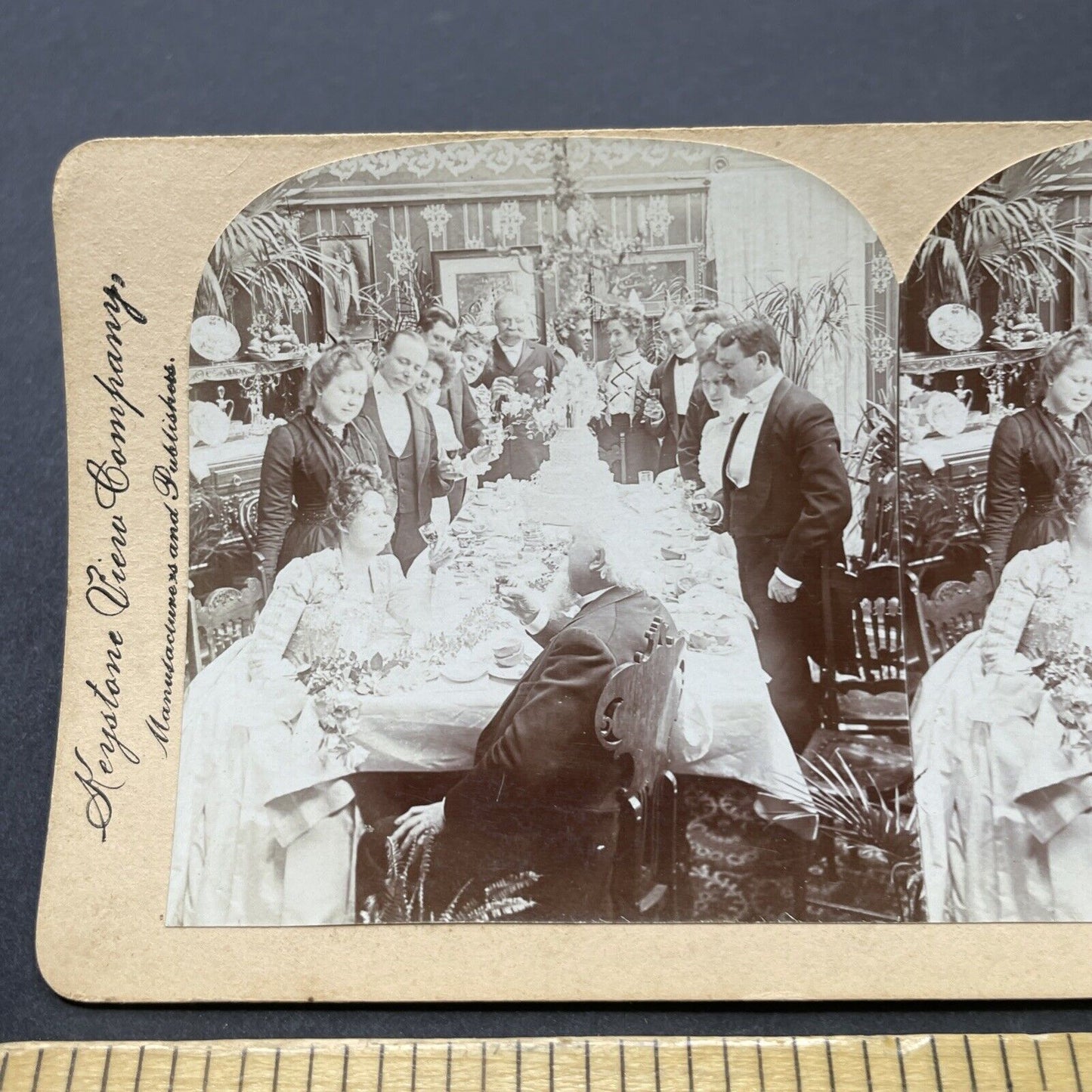 Antique 1901 A Large Wedding Feast After Marriage Stereoview Photo Card P2589