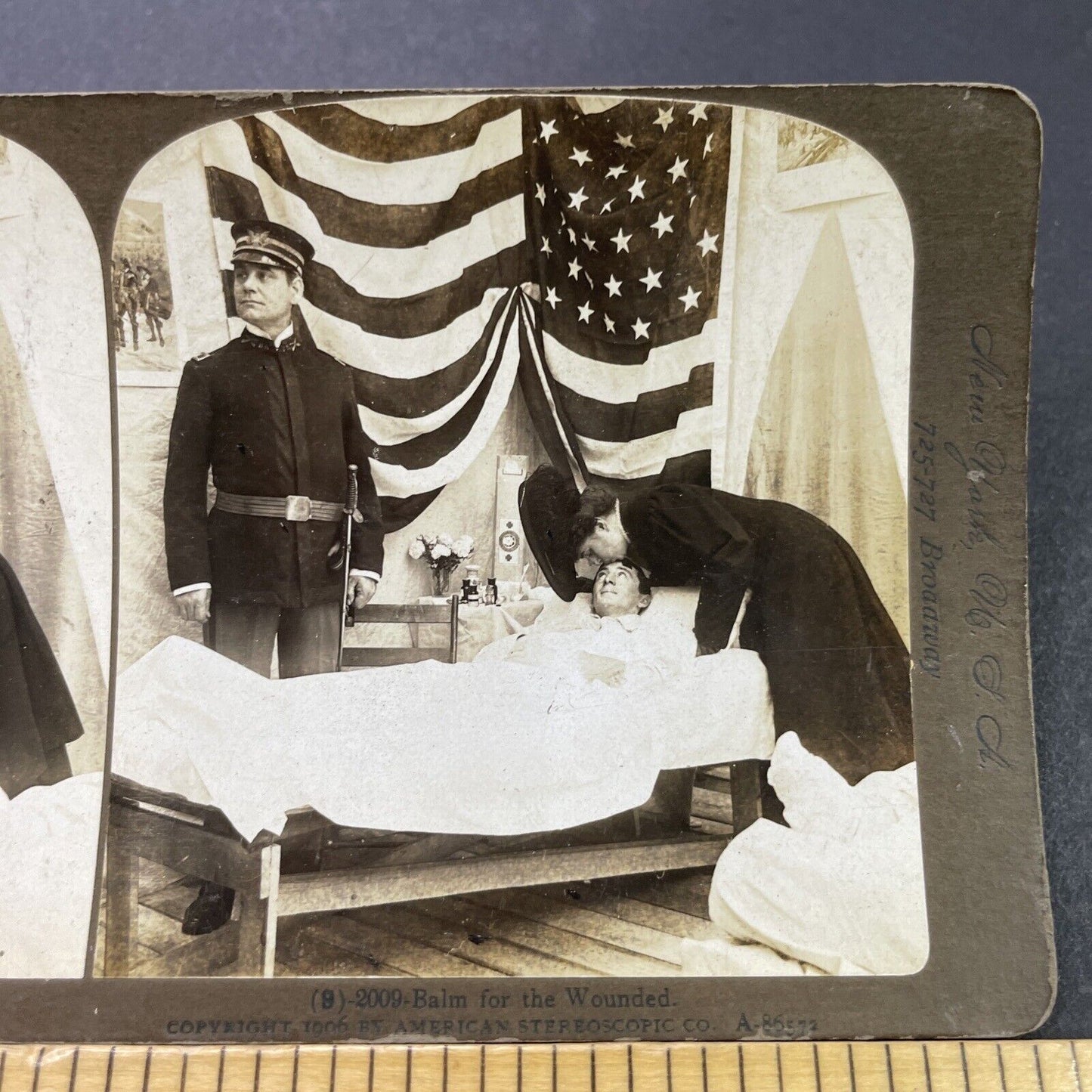 Antique 1906 Wounded US Soldier Hospital Kisses Wife Stereoview Photo Card P3110