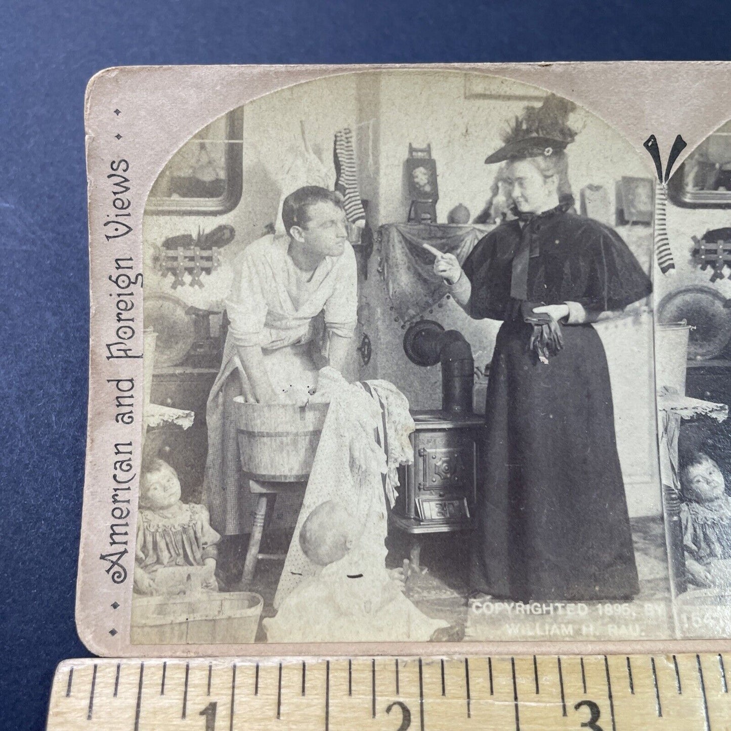 Antique 1896 Woman Scolds Man Doing Laundry Stereoview Photo Card P2872