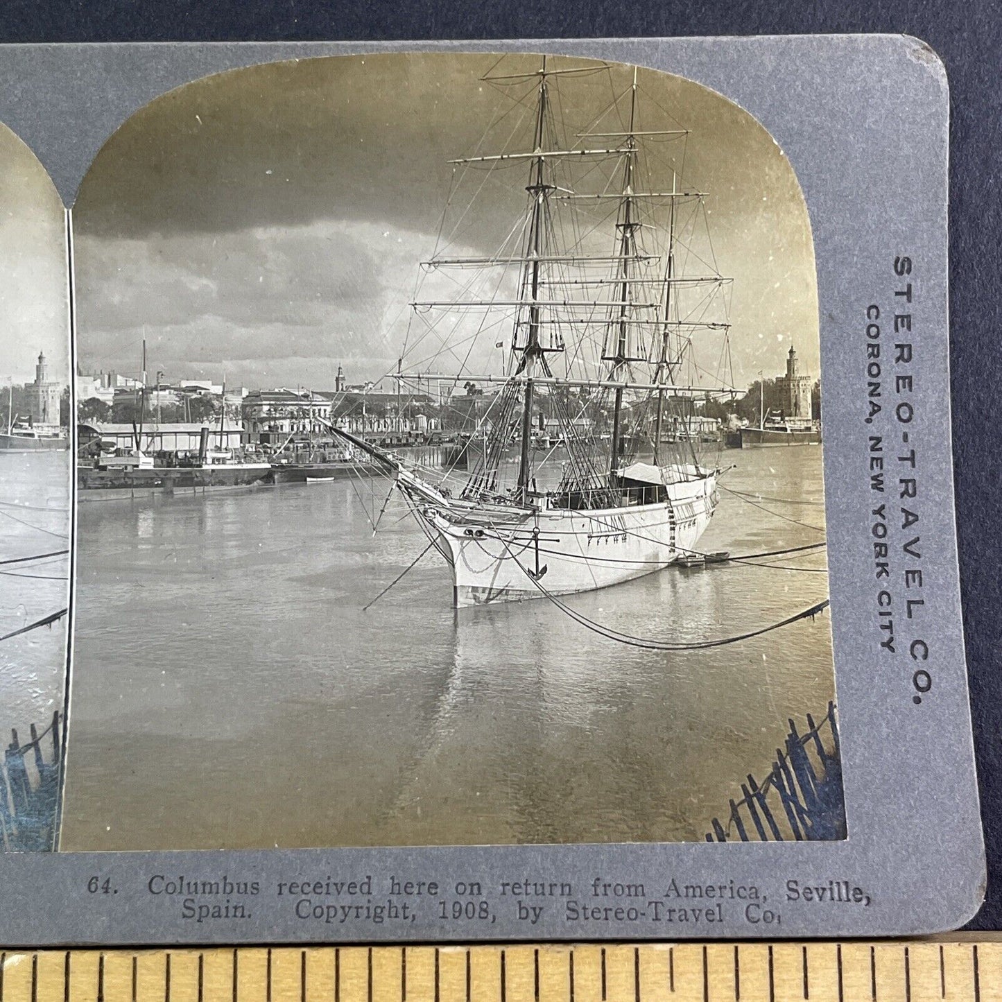 Sailing Ship in Seville Spain Stereoview Harbor View Antique c1908 X4211