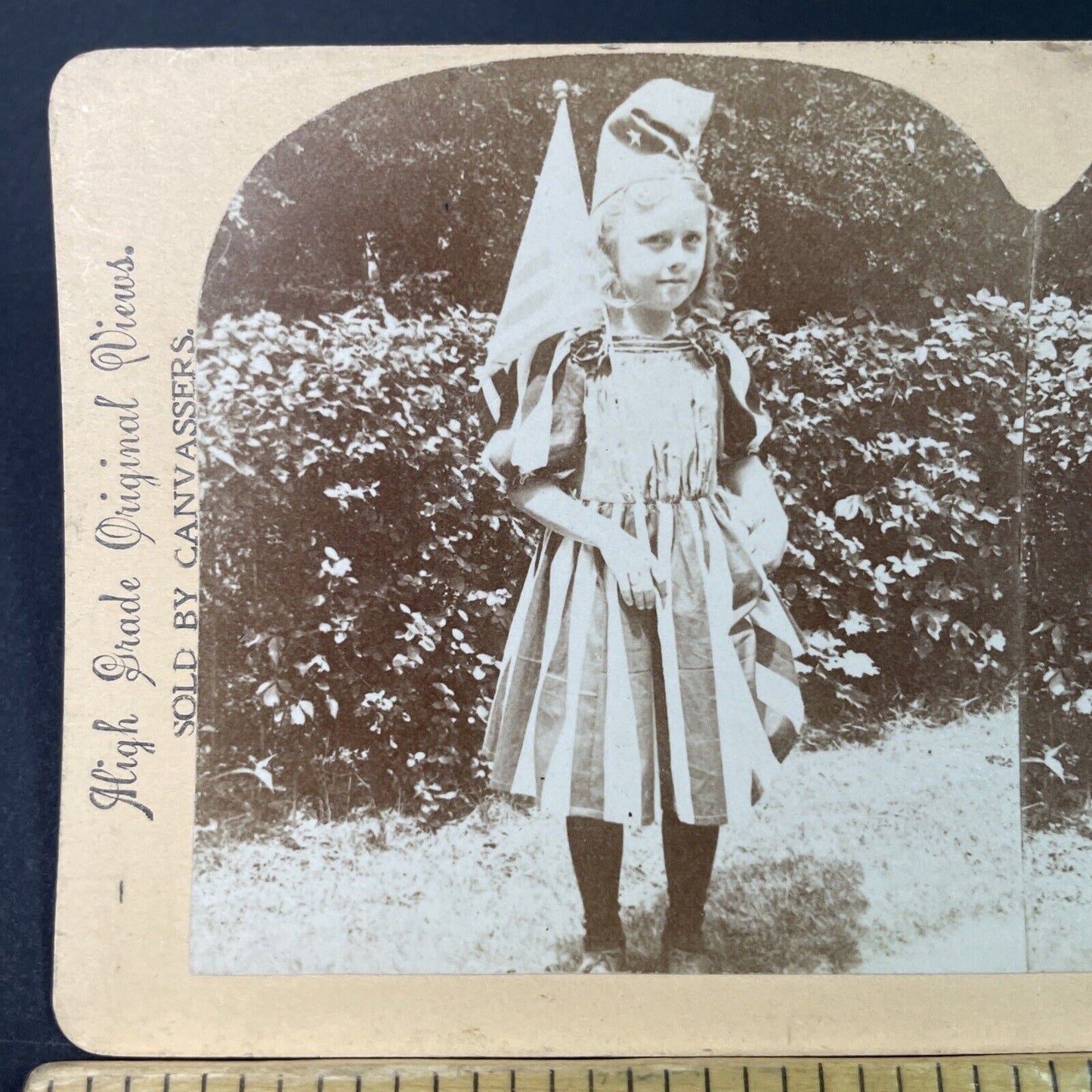 Antique 1898 Girl Dresses Up For Independence Day Stereoview Photo Card P3350