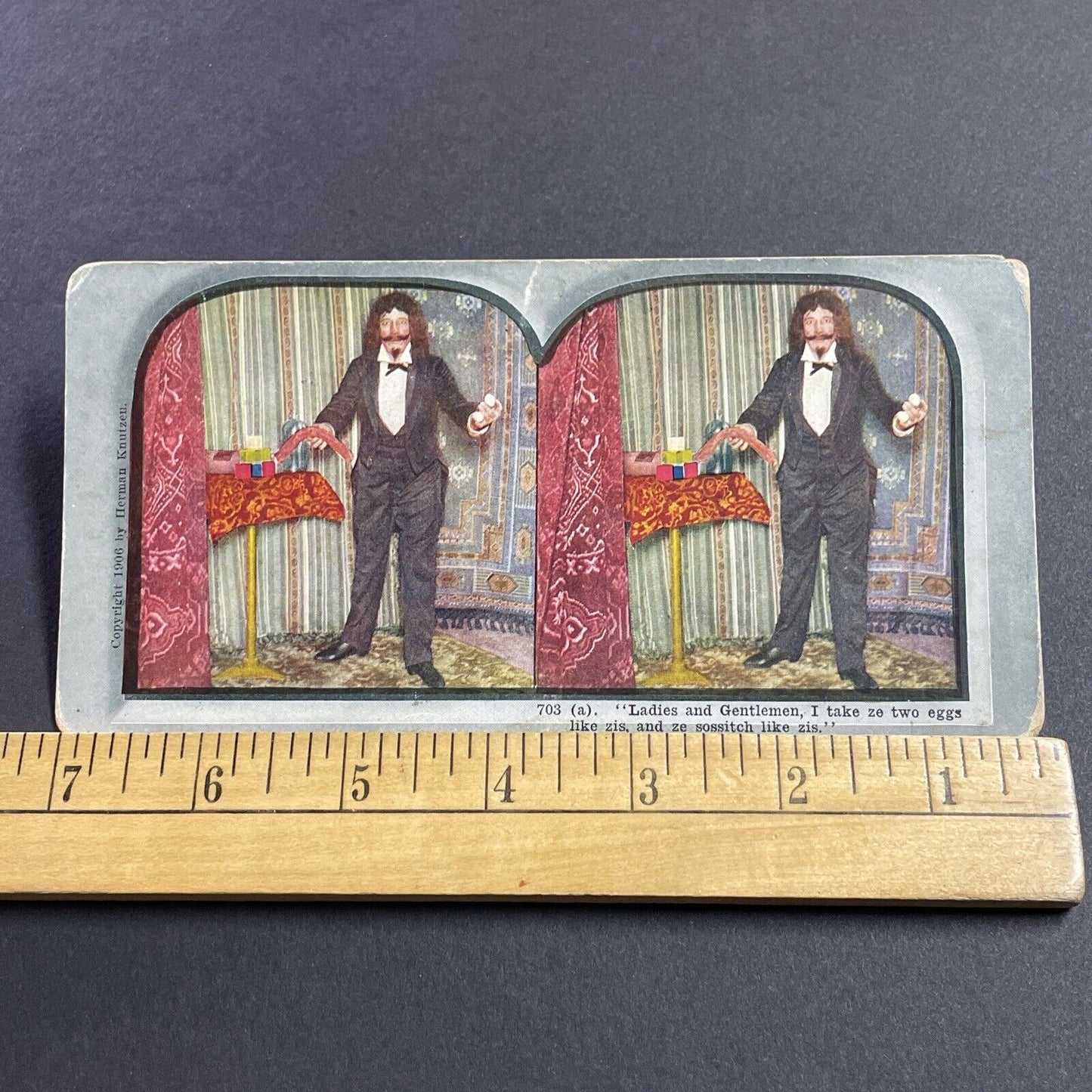 Antique 1906 Circus Magician With A Sausage & Eggs Stereoview Photo Card Q2264