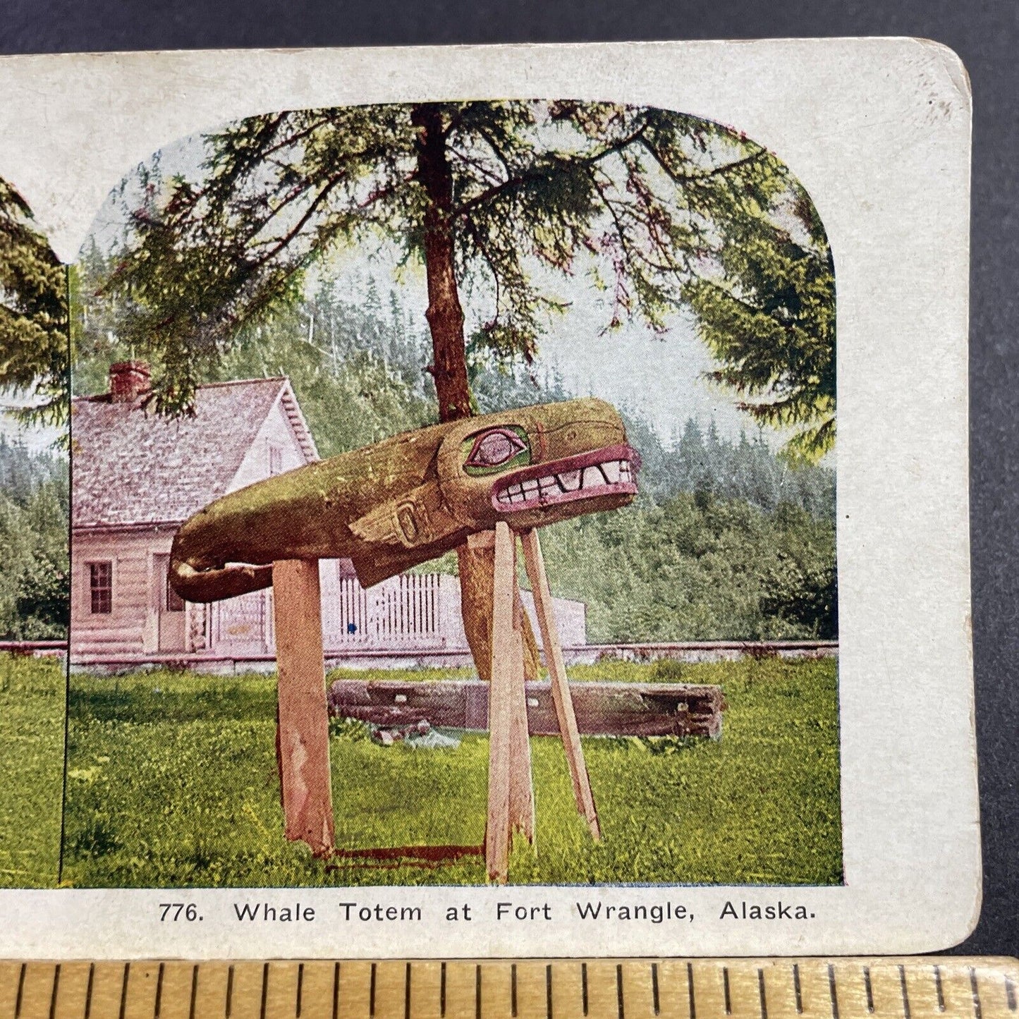 Antique 1905 Whale Totem Pole In Wrangell Alaska Stereoview Photo Card Q2240