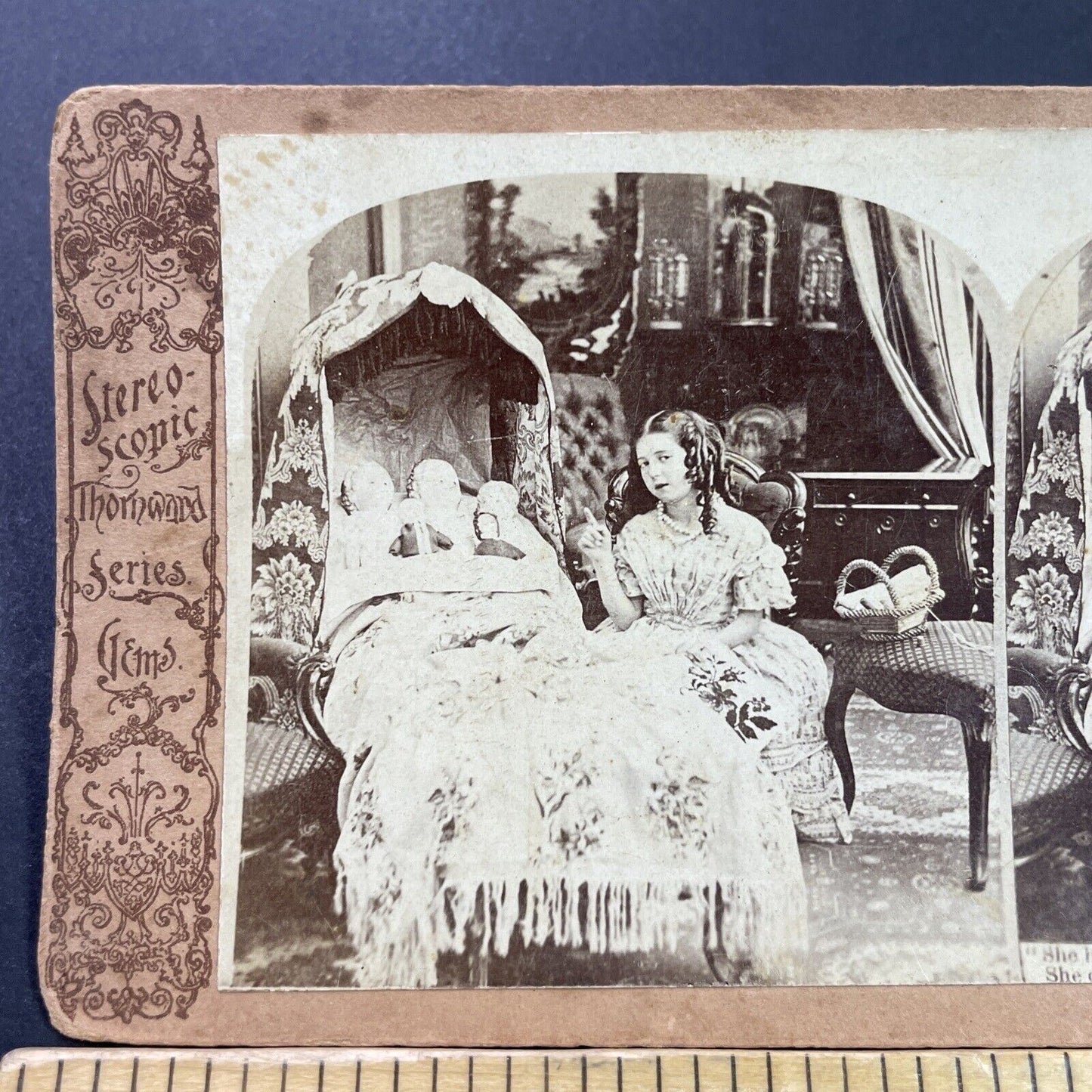 Antique 1870s Wealthy Child Puts Her Dolls To Bed Stereoview Photo Card P4000