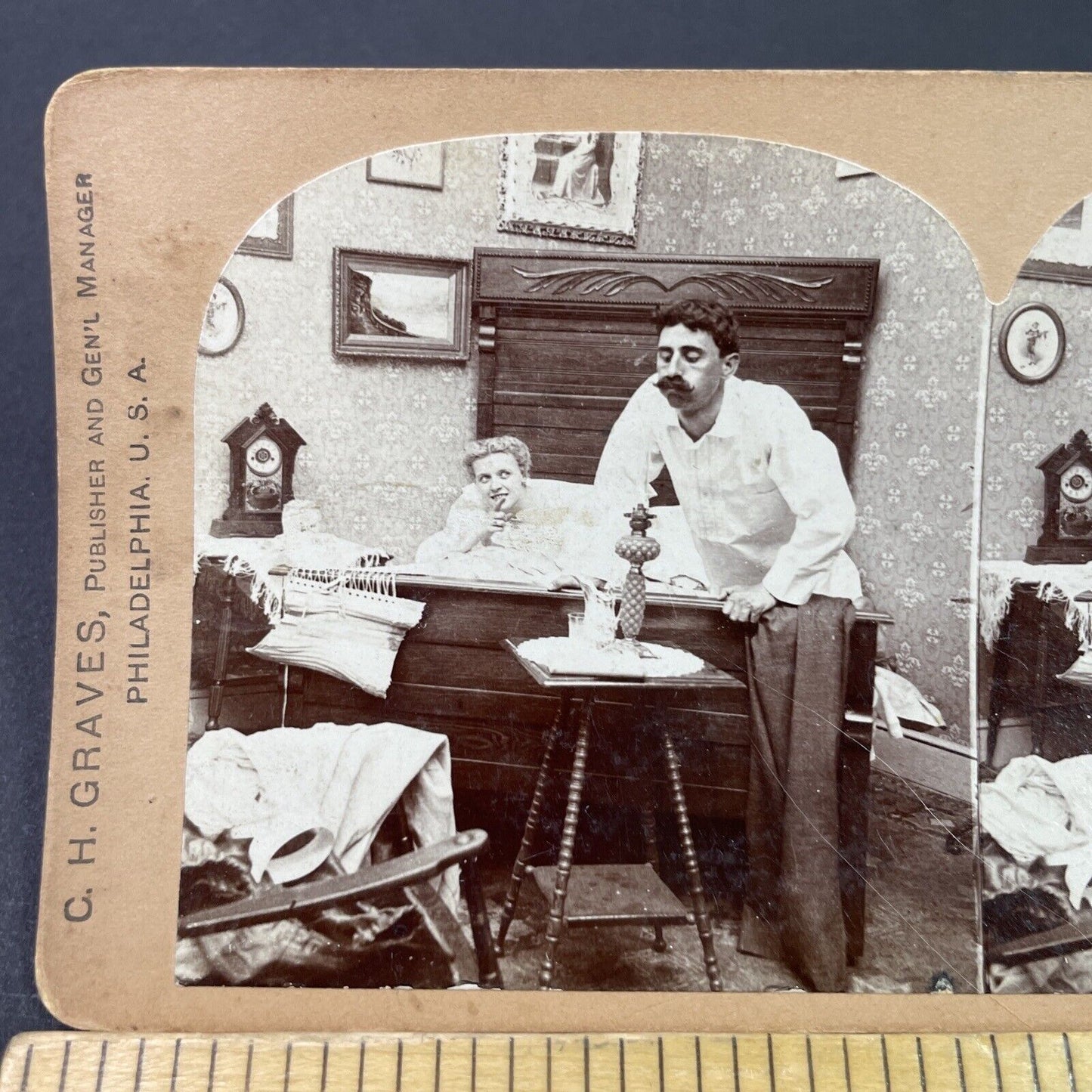 Antique 1897 Man Blows Out Candle At Bedtime Stereoview Photo Card P3380