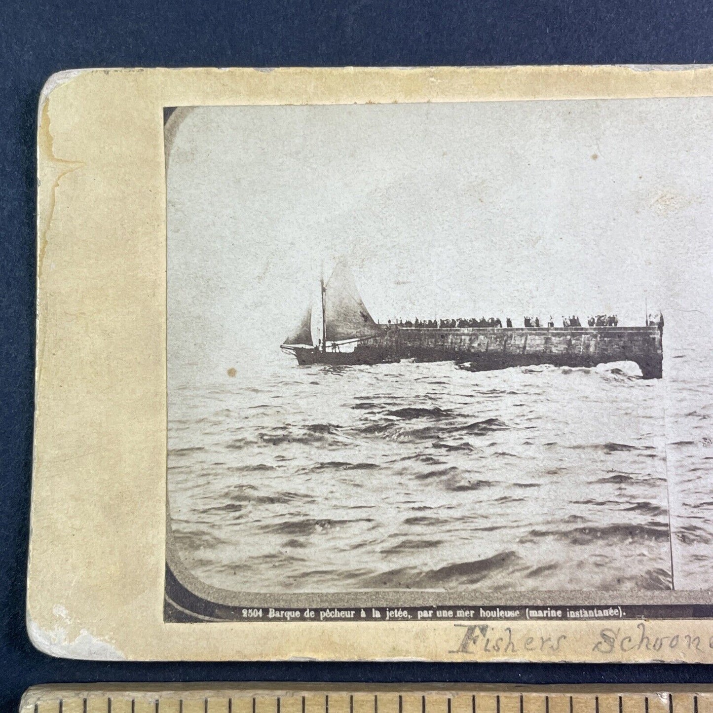 A Fisherman's Schooner in Rough Seas Stereoview Antique c1850s X4217