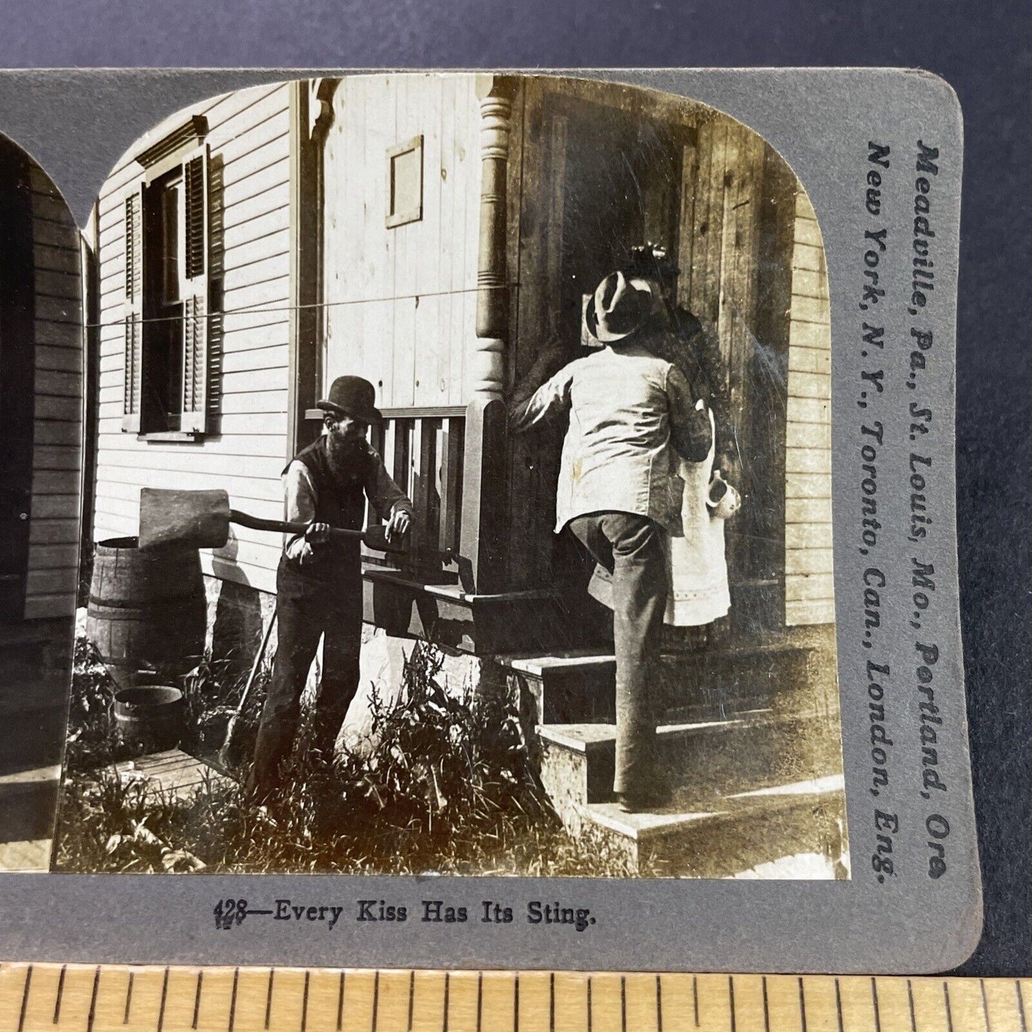 Antique 1903 Man Beats Friend For Kissing His Wife Stereoview Photo Card P4085