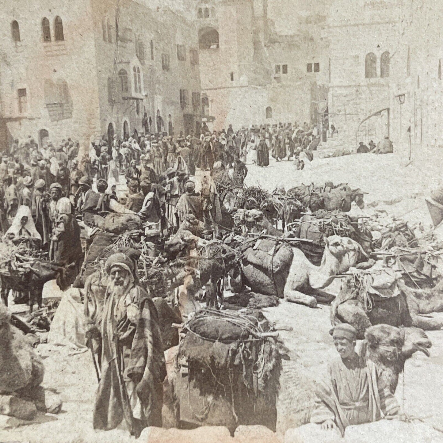 Antique 1900 Desert Nomads Gather In Bethlehem Stereoview Photo Card P4190