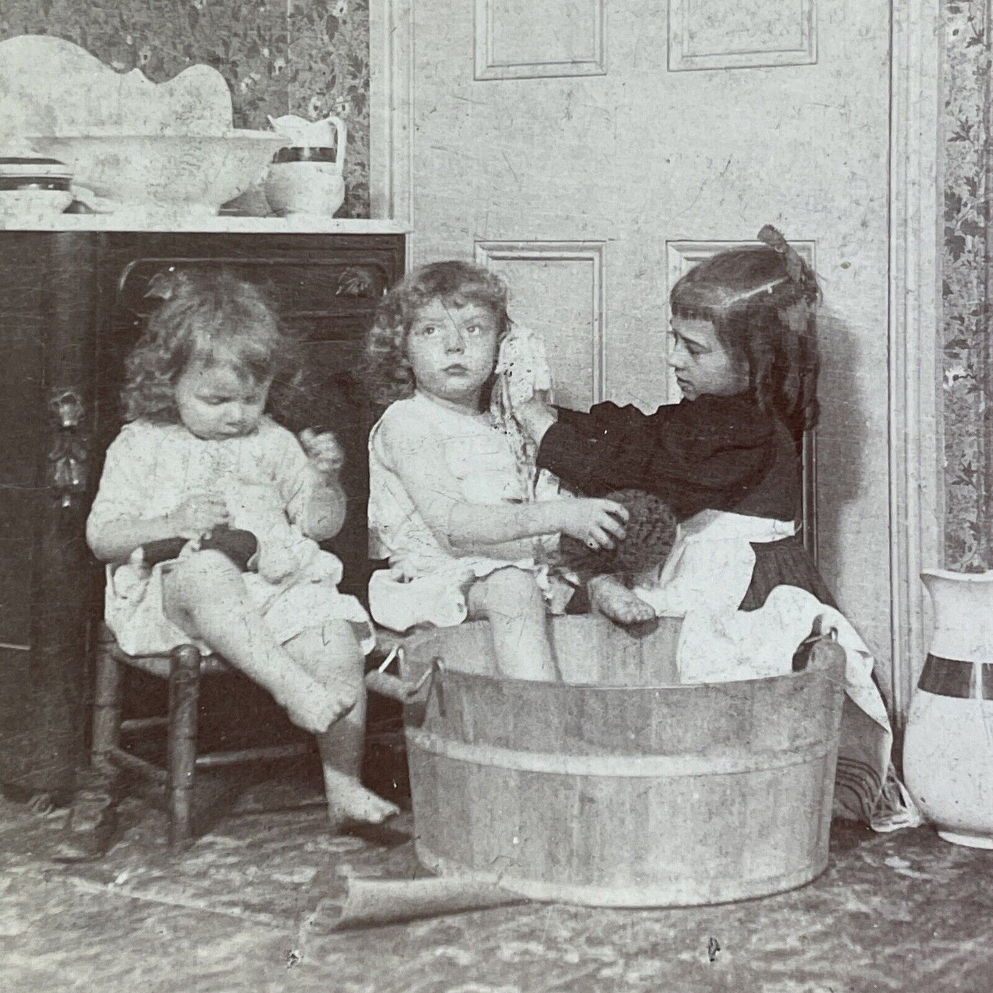 Girls Washing Their Porcelain Dolls Stereoview CH Graves Antique c1895 X1539