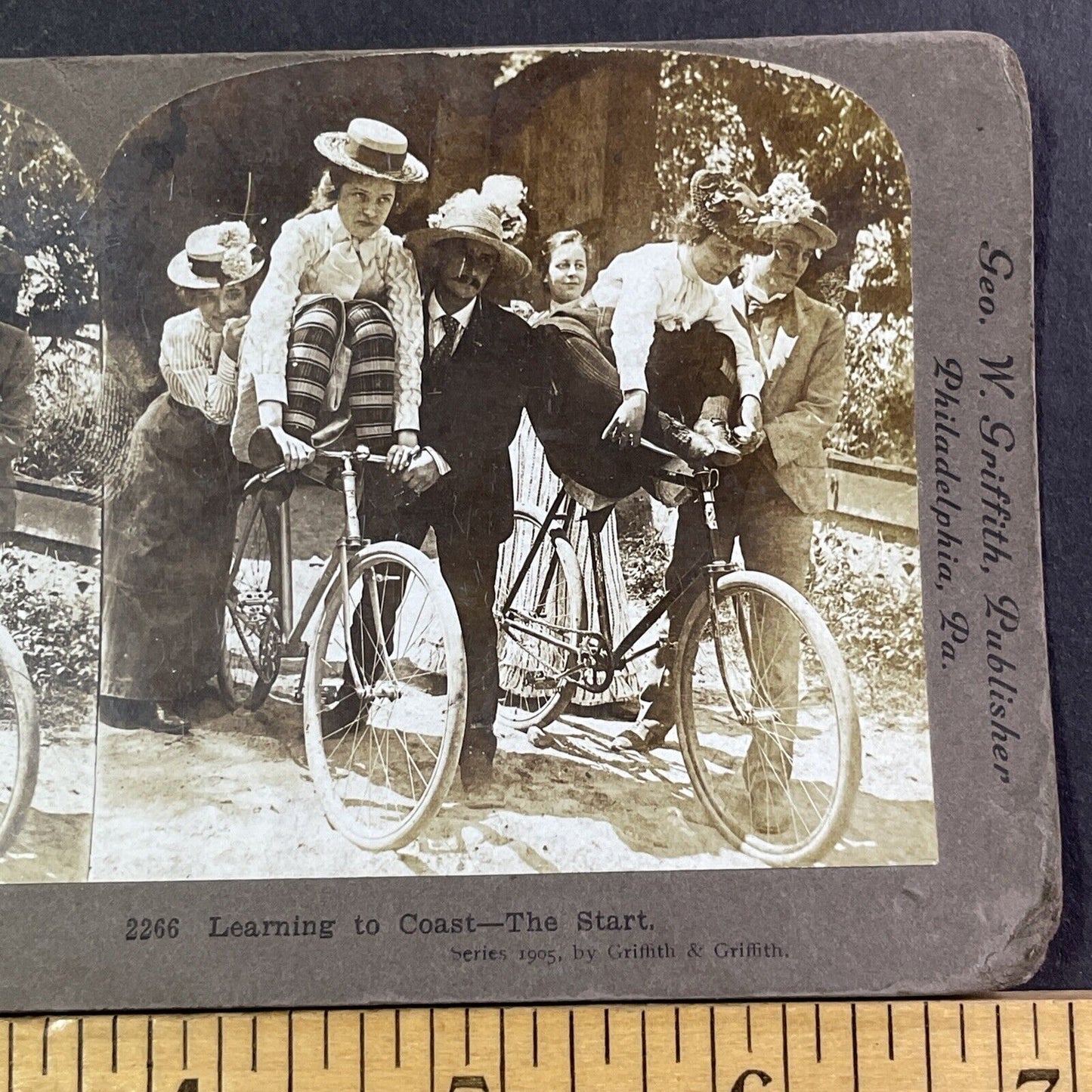 Women Stunt Driving On A Lansing Cycle Co Bicycle Stereoview Antique c1905 X1898